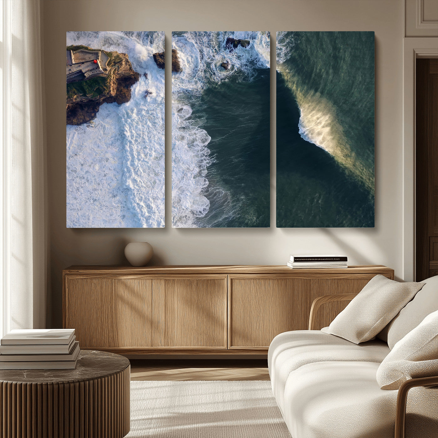 MGV-CV-48X32-3P - Nazaré Coast Wall Art Canvas Print, Framed Aerial Ocean Art Picture Print, Coastal Fortress Perfect Dramatic Coastal Decor Artwork