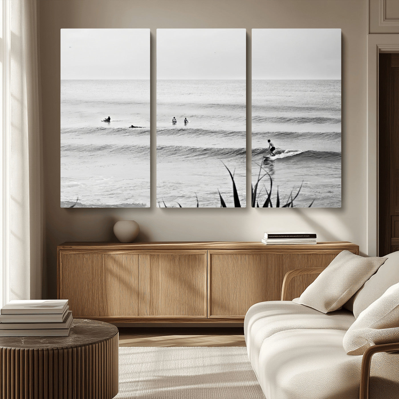 MGV-CV-48X32-3P - Surfer Silhouette Wall Art Canvas Print, Framed Calm Ocean Art Picture Print, Monochrome Surf Perfect Minimalist Coastal Decor Artwork