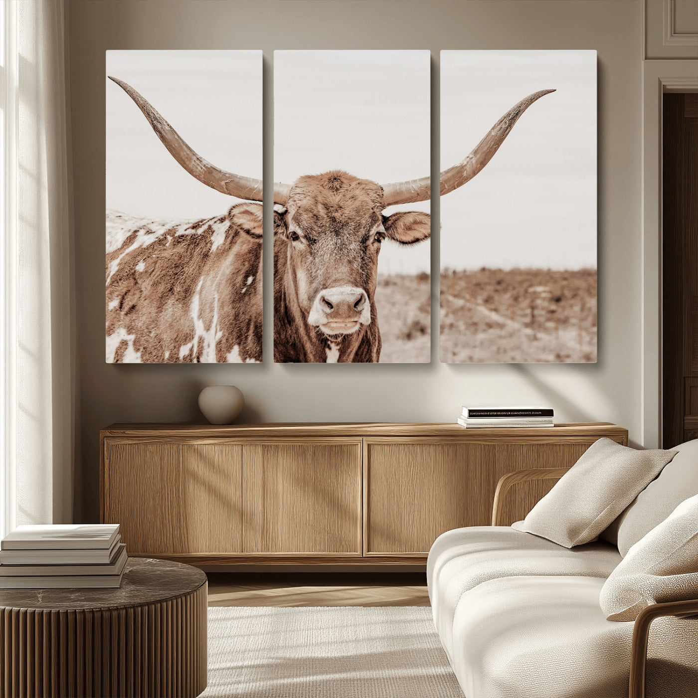 MGV-CV-48X32-3P - Longhorn Cow Wall Art Canvas Print, Framed Texas Ranch Art Picture Print, Western Bull Perfect County Decor Artwork