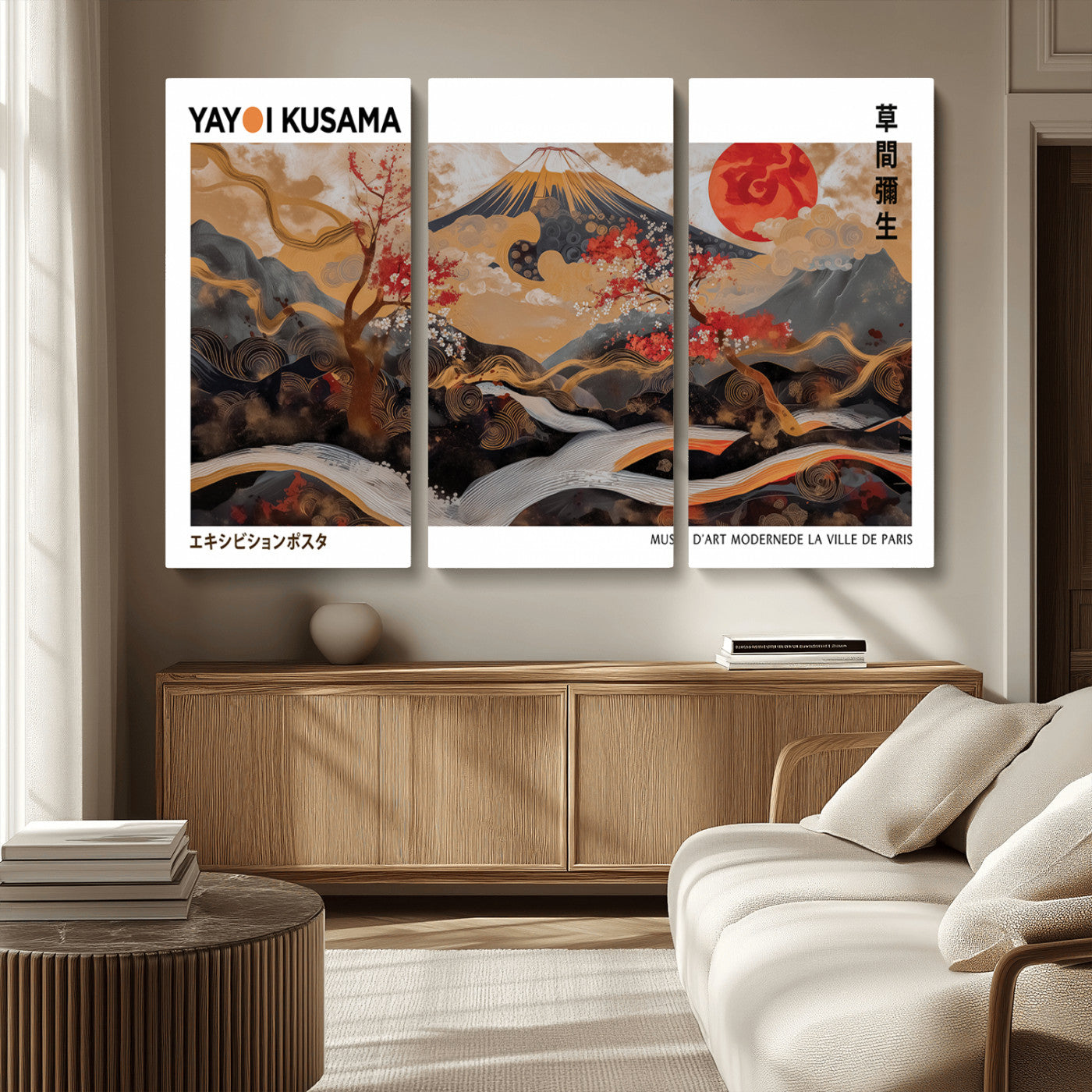 MGV-CV-48X32-3P - Modern Japanese Wall Art Print Yayoi Kusama Canvas Wall Art Abstract Mount Fuji Canvas Print