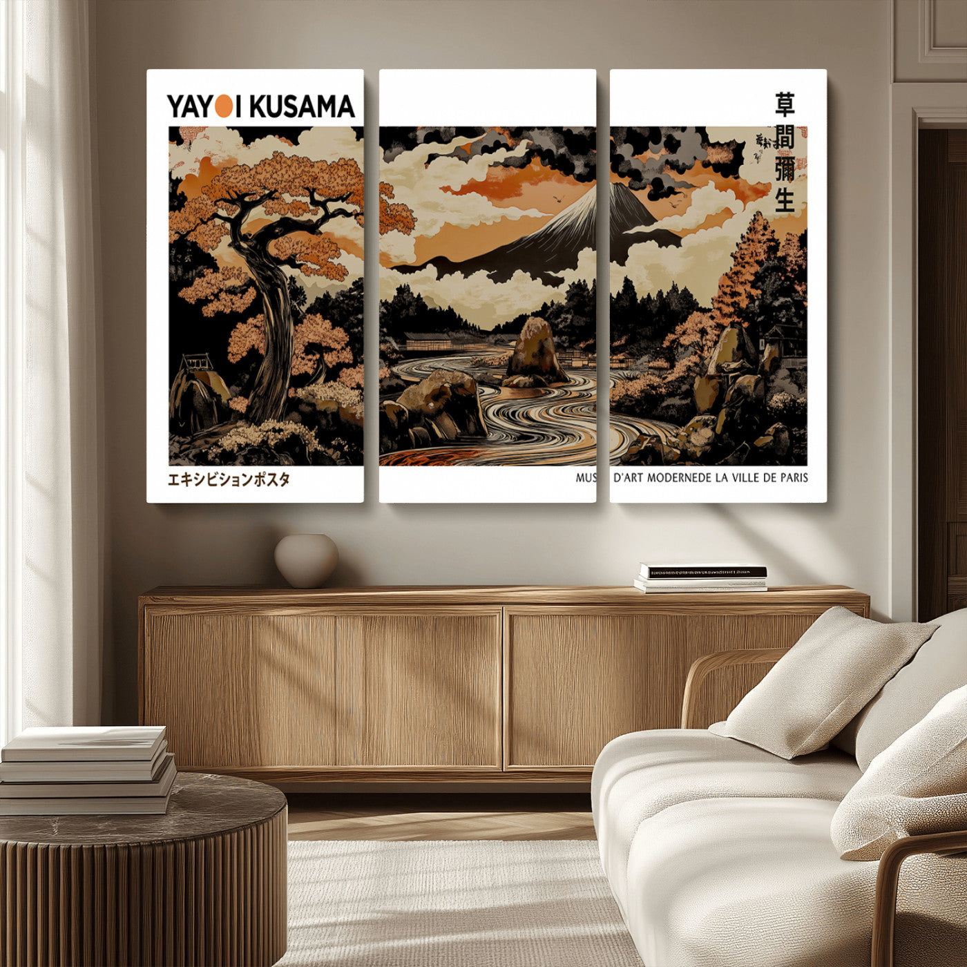 MGV-CV-48X32-3P - Modern Japanese Wall Art Print Yayoi Kusama Canvas Wall Art Abstract Mount Fuji Canvas Print