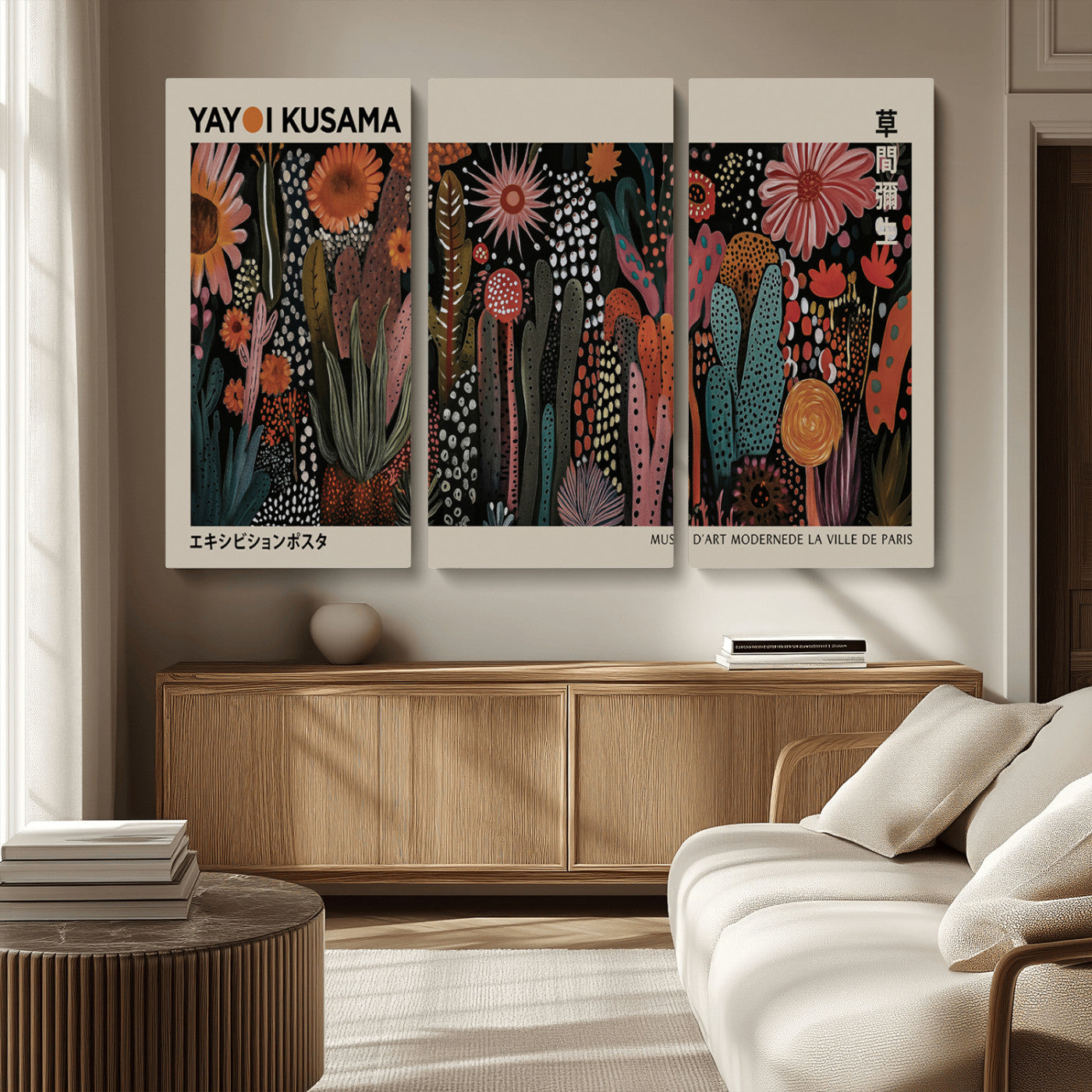 MGV-CV-48X32-3P - Modern Japanese Wall Art Print Yayoi Kusama Canvas Wall Art Abstract Mount Fuji Canvas Print