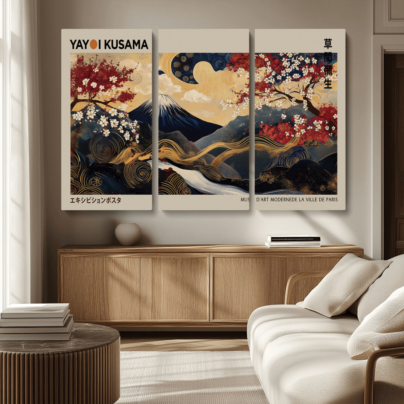 MGV-CV-48X32-3P - Modern Japanese Wall Art, Yayoi Kusama Japanese Print Wall Art, Abstract Mount Fuji Canvas Print,