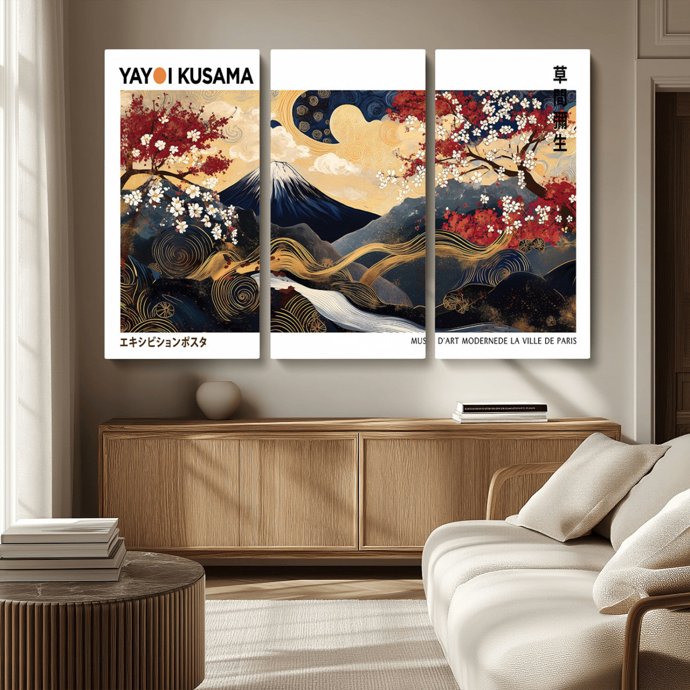 MGV-CV-48X32-3P - Modern Mount Fuji Print, Yayoi Kusama Canvas Wall Art, Abstract Mount Fuji Canvas Print, Japanese