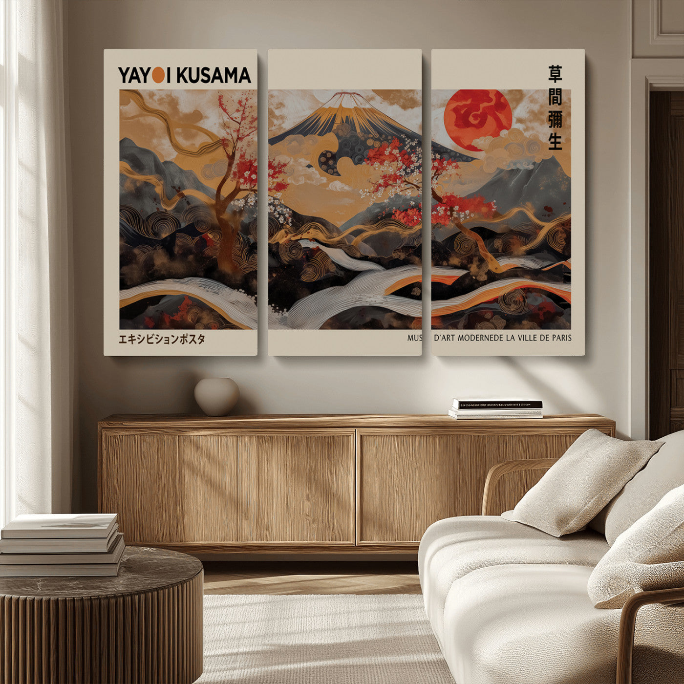 MGV-CV-48X32-3P - Modern Japanese Wall Art Print Yayoi Kusama Canvas Wall Art Abstract Mount Fuji Canvas Print