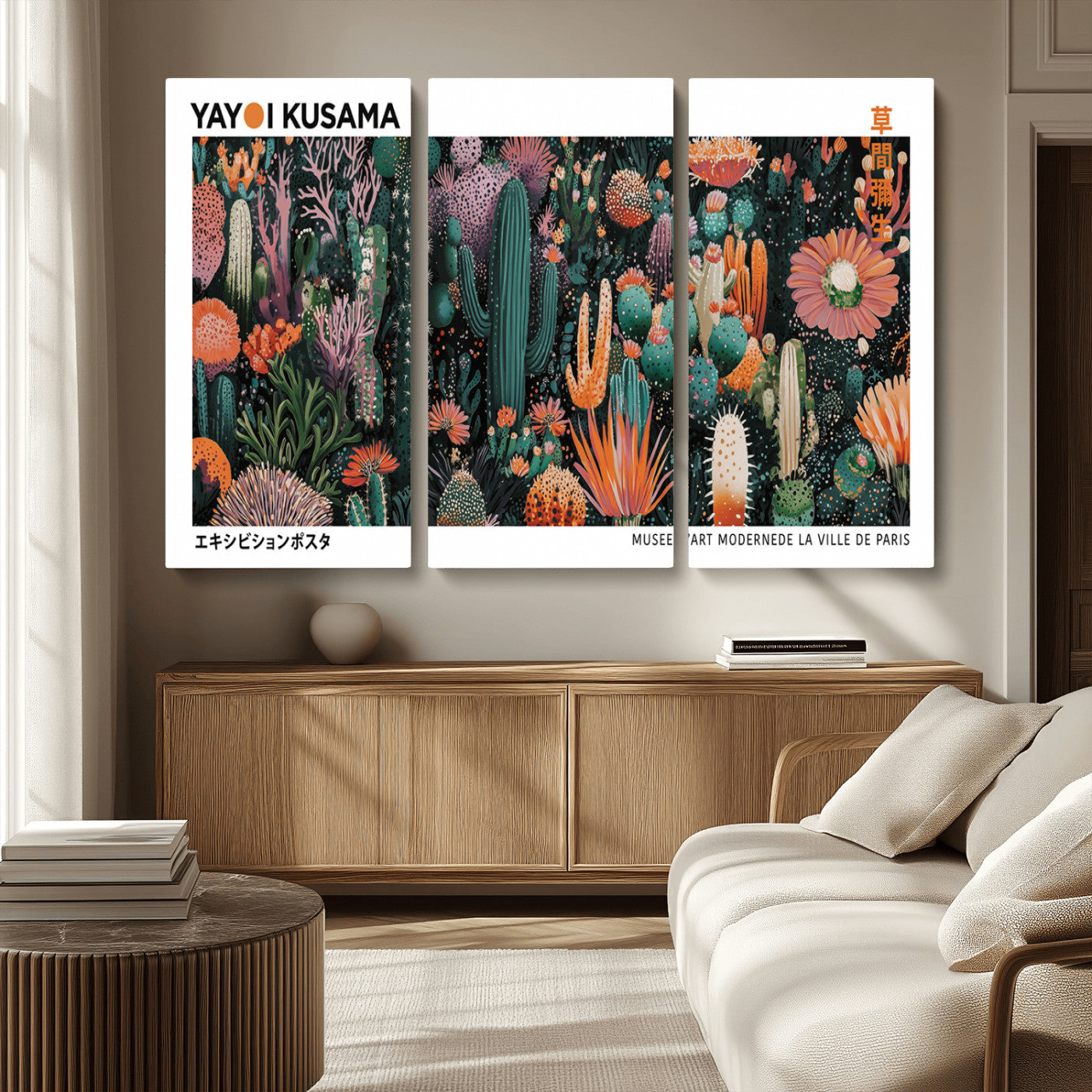 MGV-CV-48X32-3P - Modern Japanese Wall Art Print, Yayoi Kusama Print Wall Decor, Abstract Mount Fuji Canvas Print,