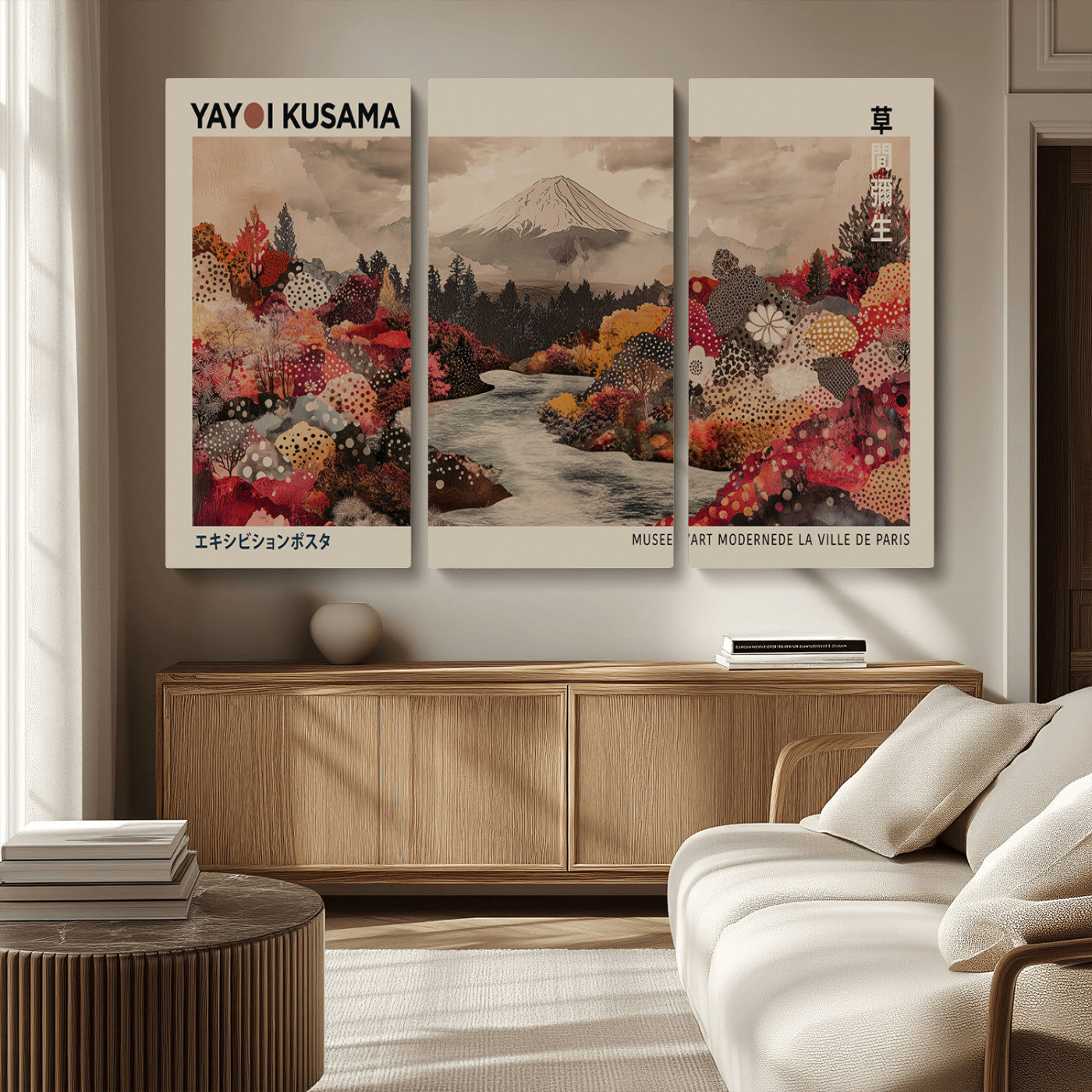 MGV-CV-48X32-3P - Modern Japanese Wall Art Print Yayoi Kusama Canvas Wall Art Abstract Mount Fuji Canvas Print