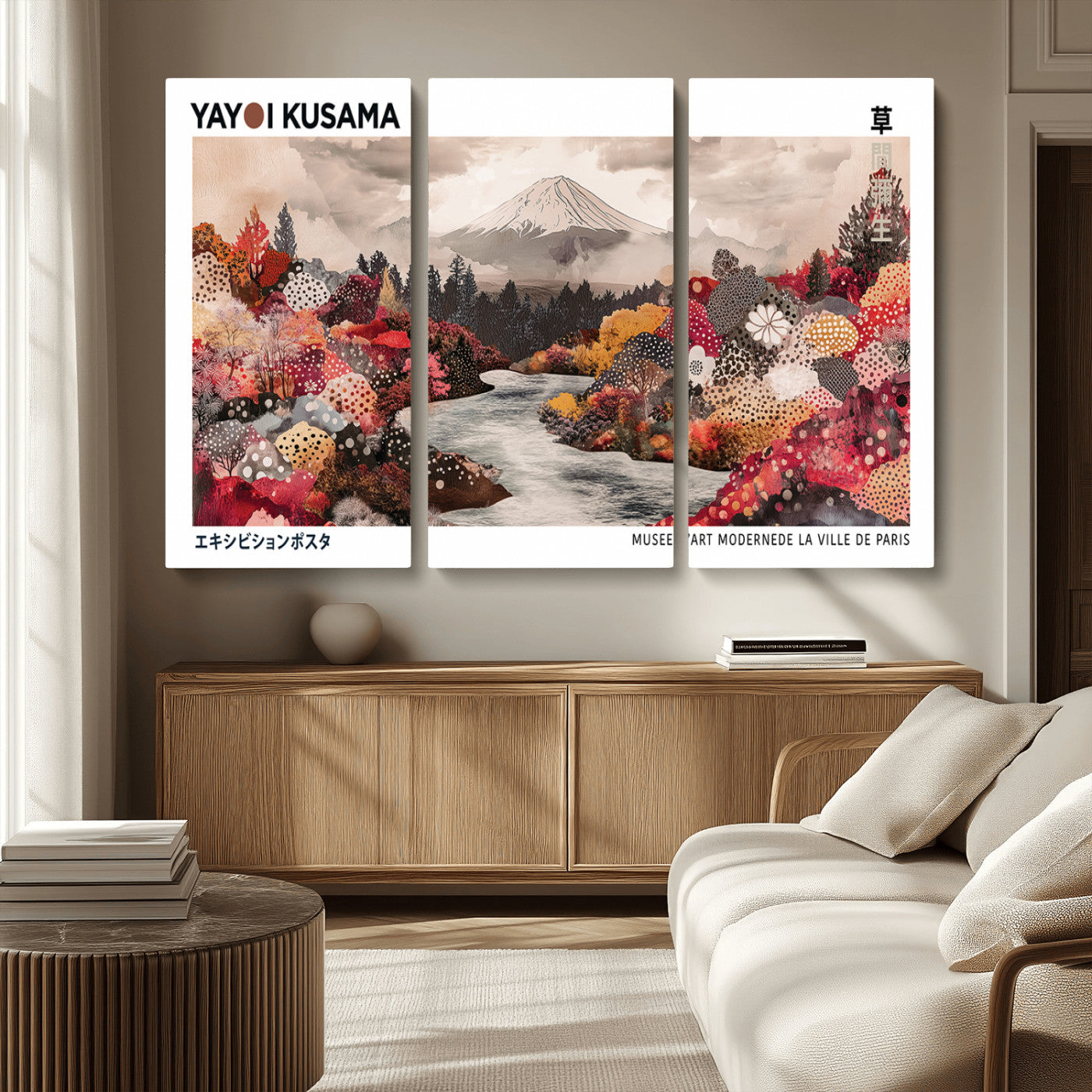 MGV-CV-48X32-3P - Modern Japanese Wall Art Print, Yayoi Kusama Canvas Wall Art, Abstract Mount Fuji Art Canvas Print,