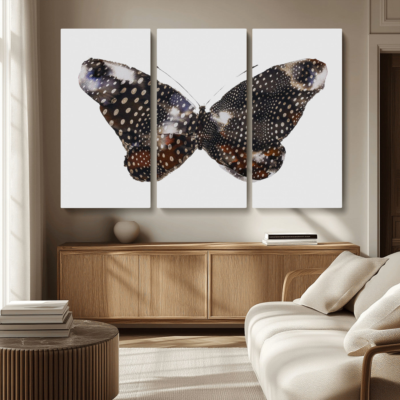 MGV-CV-48X32-3P - Spotted Butterfly Wall Art Canvas Print, Framed Neutral Insect Theme Art Picture Print, Earthy Wing Pattern Perfect Modern Rustic Decor Artwork