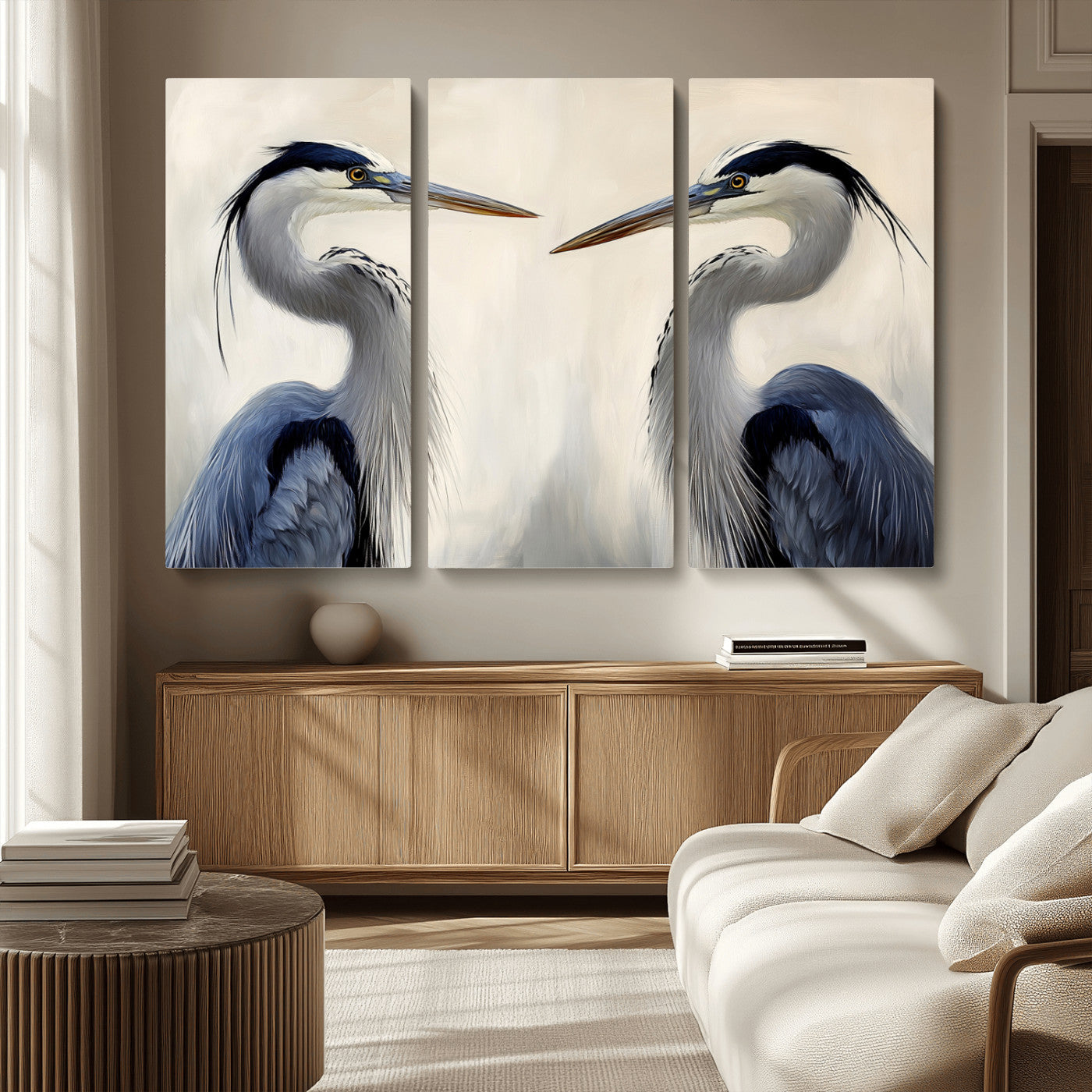 MGV-CV-48X32-3P - Blue Heron Pair Wall Art Canvas Print, Framed Coastal Bird Theme Art Picture Print, Tranquil Wildlife Scene Perfect Coastal Minimalist Decor Artwork