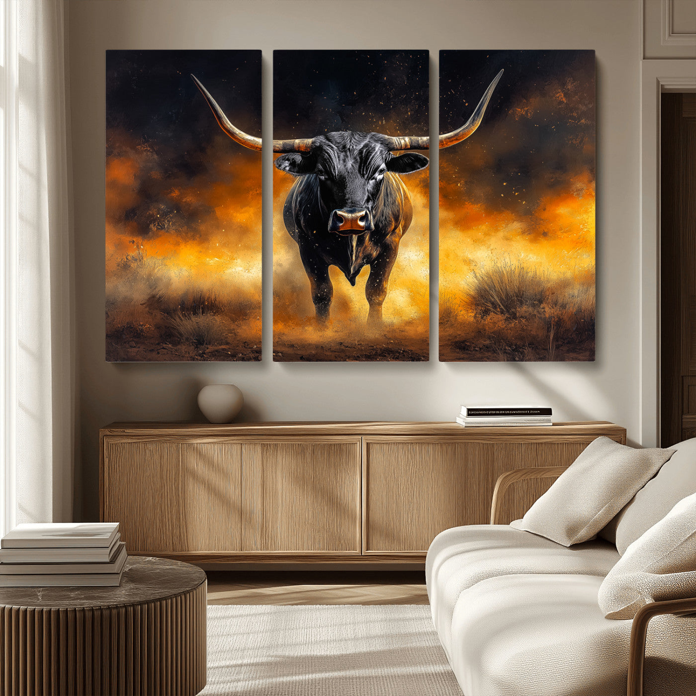 MGV-CV-48X32-3P - Longhorn Canvas Wall Art Canvas Print, Framed Bold Bull Wall Art Art Picture Print, Western Animal Decor Perfect Western Dramatic Decor Artwork