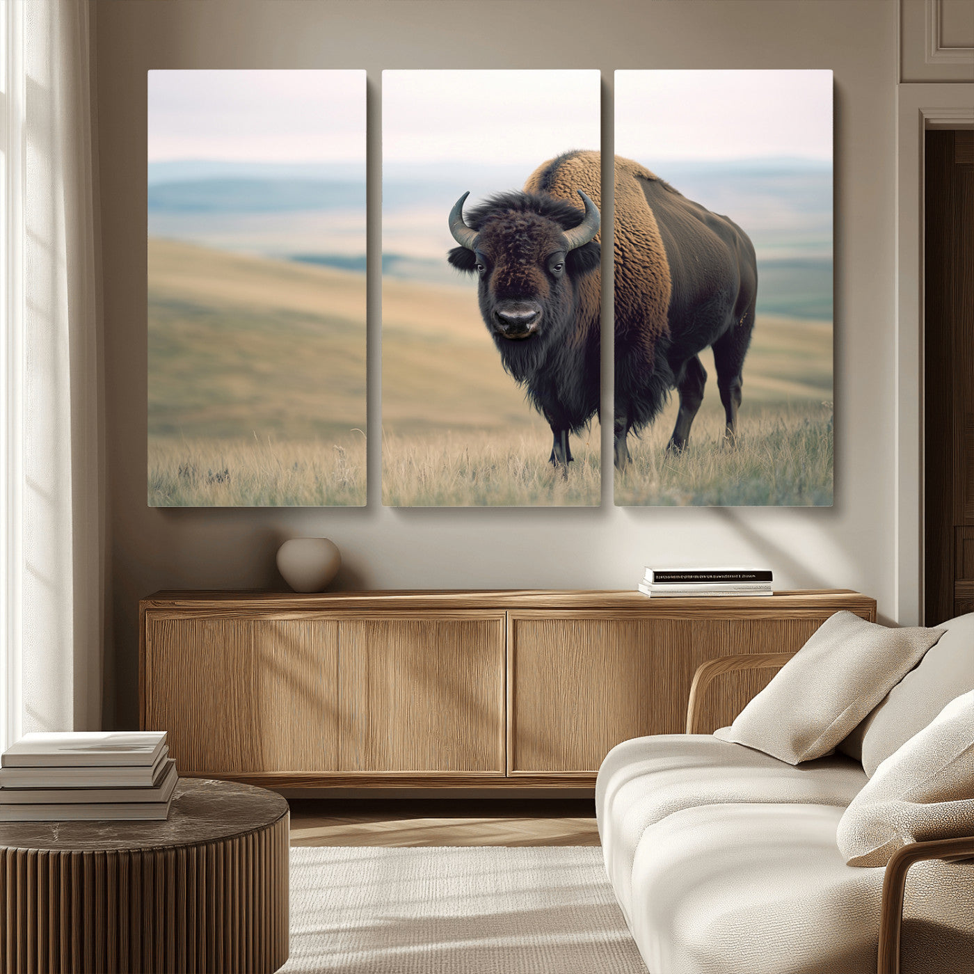 MGV-CV-48X32-3P - Bison Wall Art Wall Art Canvas Print, Framed Buffalo Canvas Print Art Picture Print, American Bison Decor Perfect Rustic Western Decor Artwork