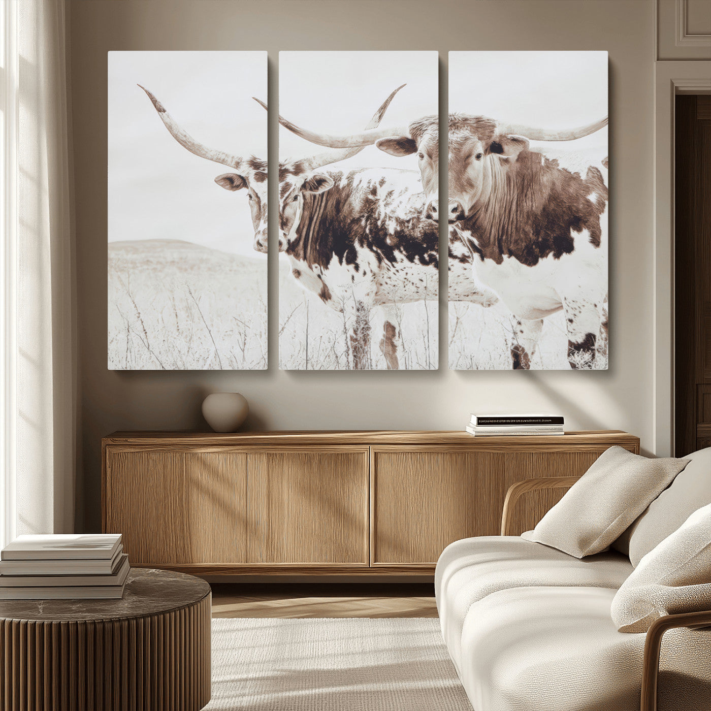 MGV-CV-48X32-3P - Longhorn Wall Art Wall Art Canvas Print, Framed Western Cow Canvas Art Picture Print, Rustic Farm Decor Perfect Rustic Farmhouse Decor Artwork