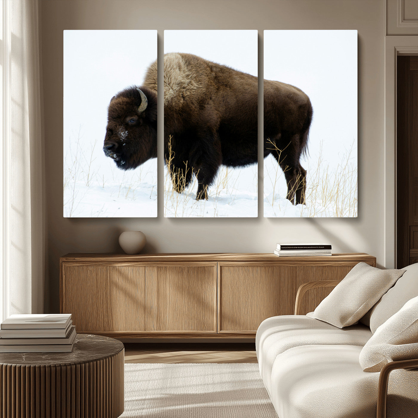 MGV-CV-48X32-3P - Bison Photography Wall Art Canvas Print, Framed Western Wildlife Art Picture Print, Buffalo On Snow Perfect Western Decor Artwork