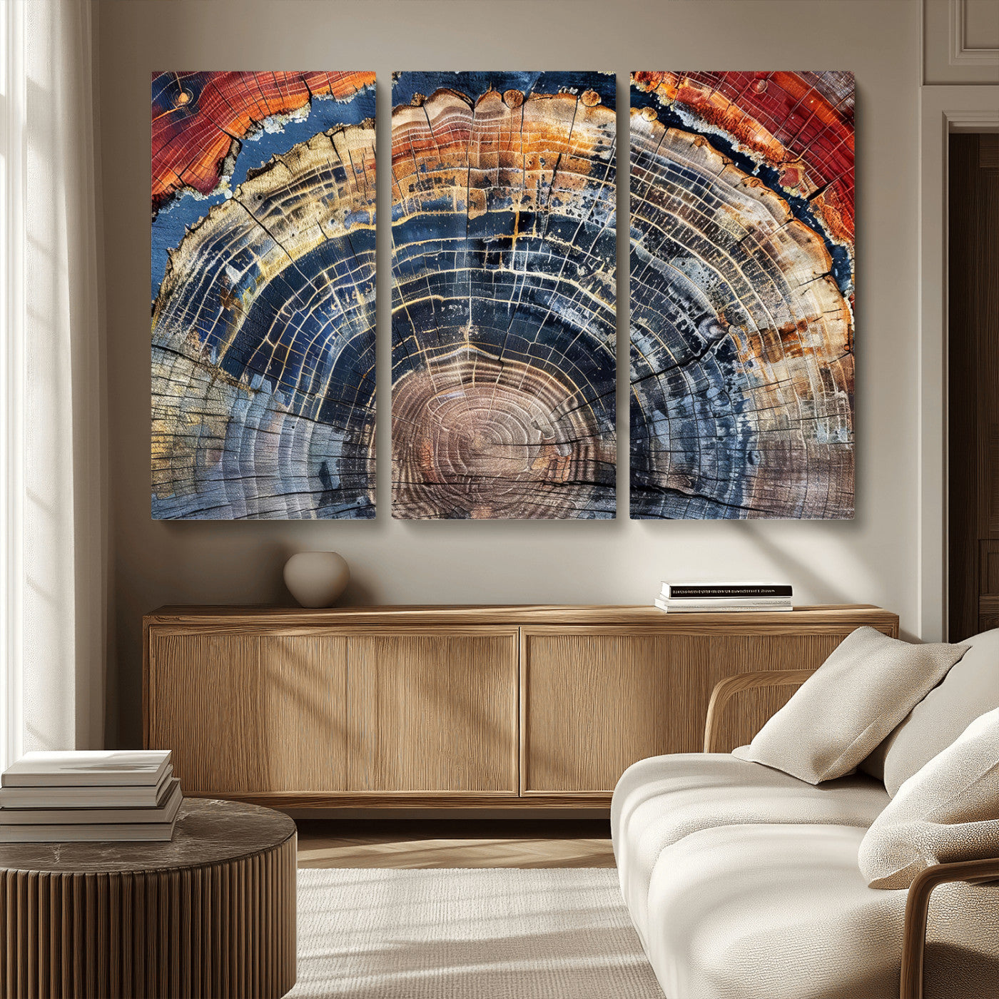 MGV-CV-48X32-3P - Tree Rings Wall Art Canvas Print, Framed Wood Texture Art Picture Print, Petrified Wood Perfect Modern Rustic Decor Artwork