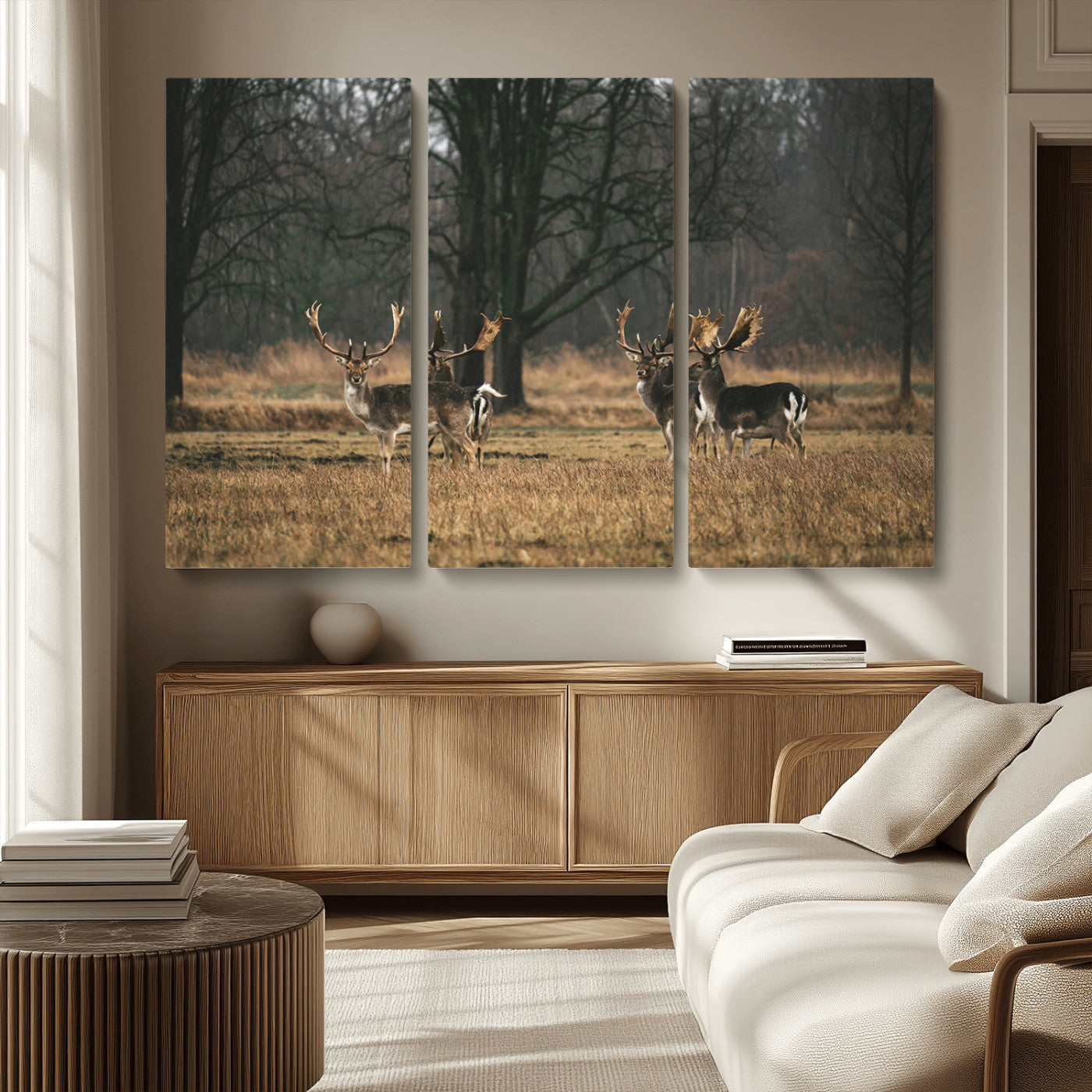 MGV-CV-48X32-3P - Deer Photography Wall Art Canvas Print, Framed Rustic Wildlife Art Picture Print, Stags In Forest Perfect Rustic Wilderness Decor Artwork