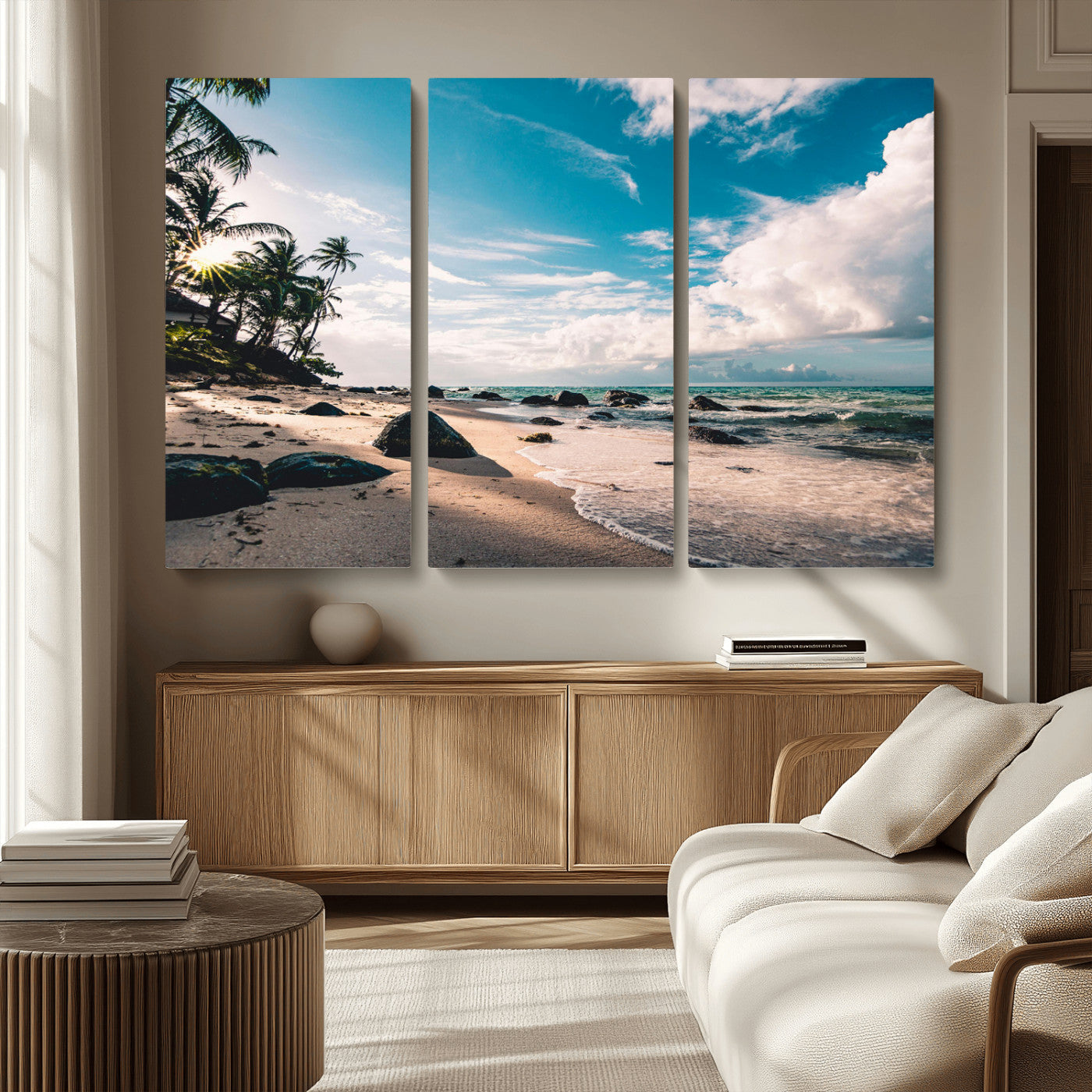 MGV-CV-48X32-3P - Tropical Beach Wall Art Canvas Print, Framed Ocean Waves Art Picture Print, Relazxing Seascape Perfect Tropical Coastal Decor Artwork