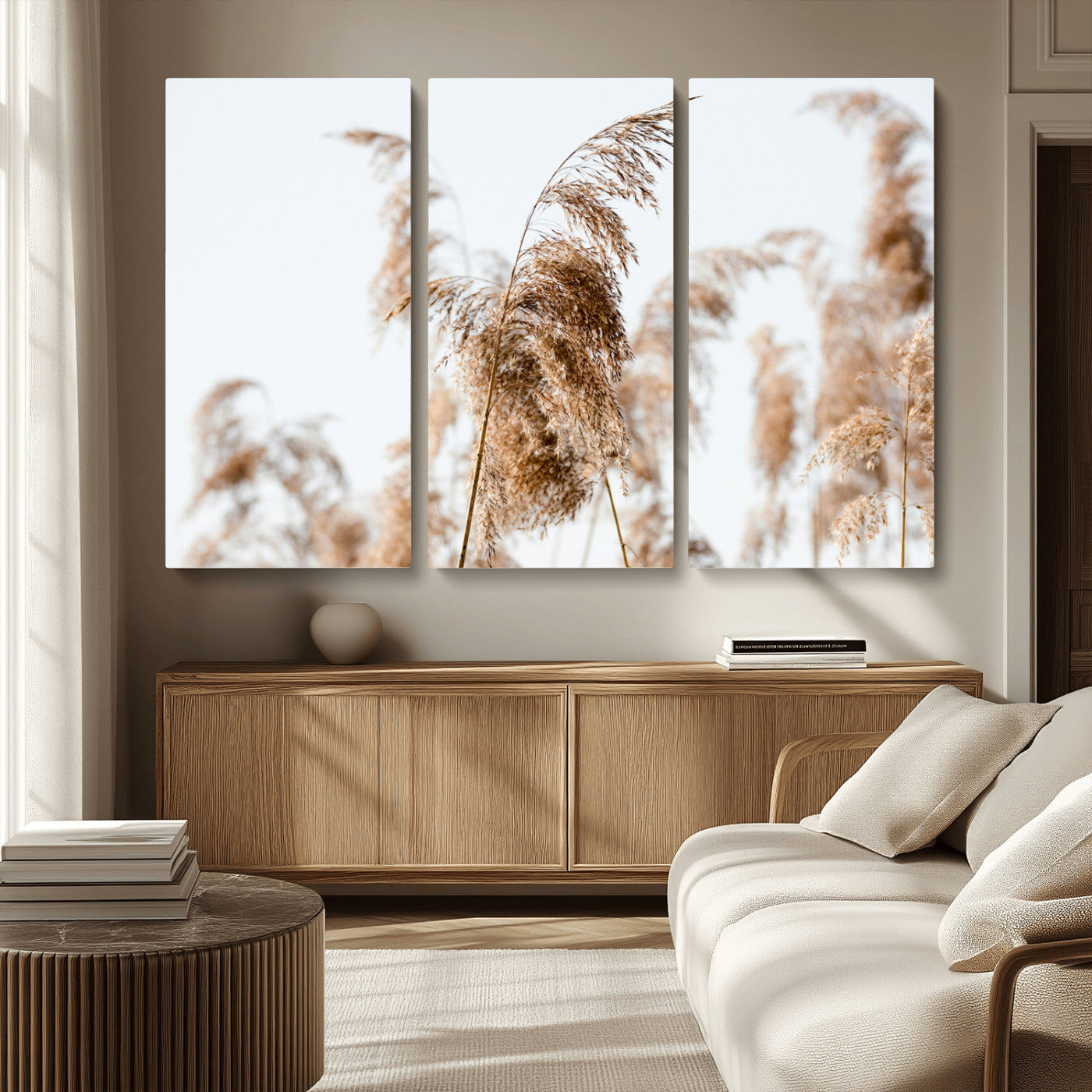 MGV-CV-48X32-3P - Pampas Grass Wall Art Canvas Print, Framed Neutral Tones Art Picture Print, Minimalist Nature Perfect Boho Decor Artwork