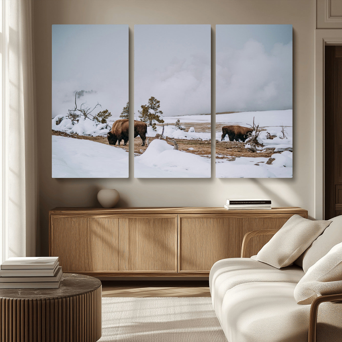 MGV-CV-48X32-3P - Bison Wildlife Wall Art Canvas Print, Framed Snowy Prairie Art Picture Print, Western Perfect Rustic Decor Artwork