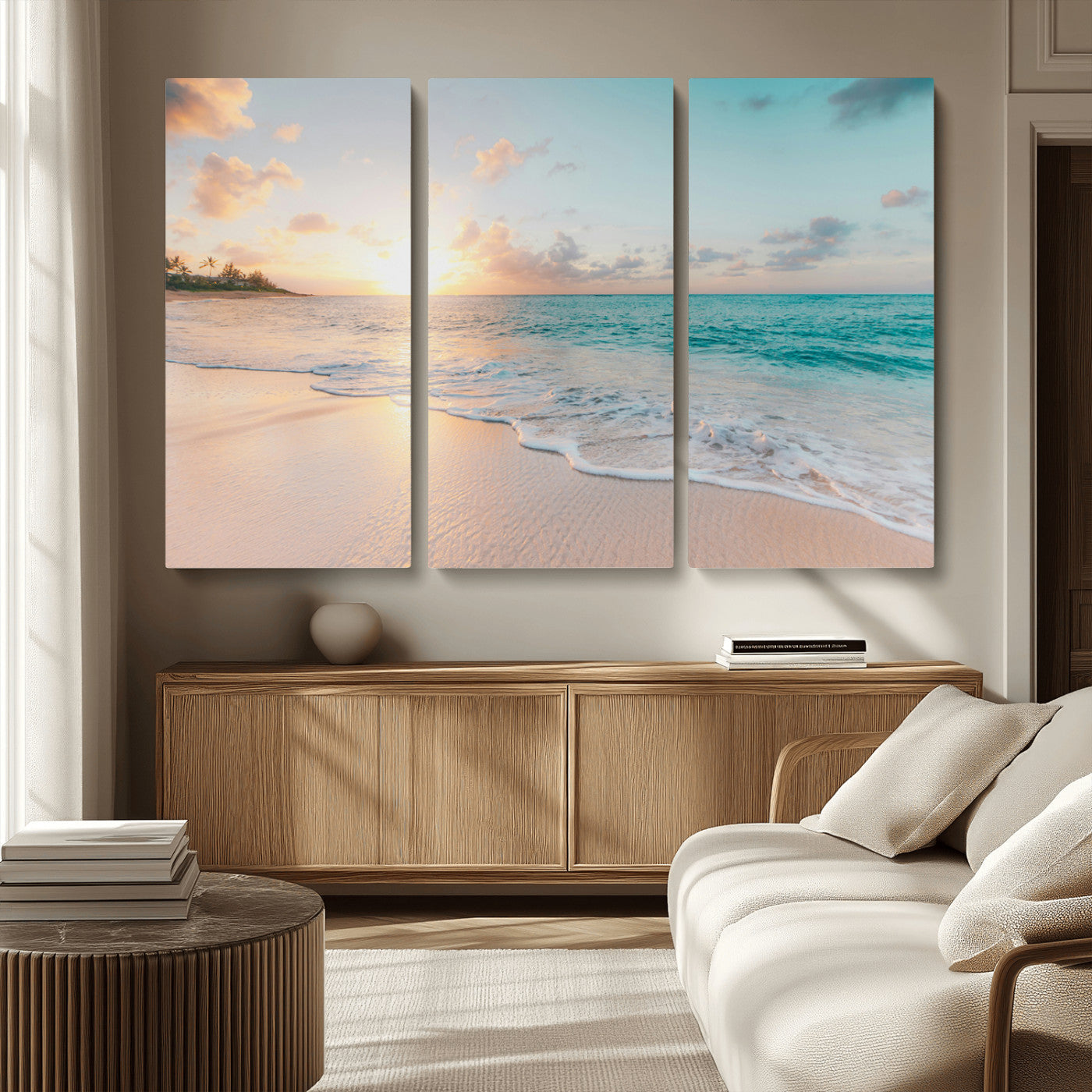 MGV-CV-48X32-3P - Beach Sunset Wall Art Canvas Print, Framed Ocean Waves Art Picture Print, Summer Escape Perfect Coastal Decor Artwork