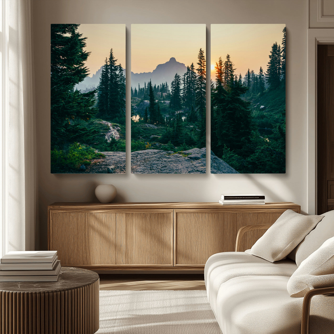 MGV-CV-48X32-3P - Mountain Wall Art Canvas Print, Framed Forest Serenity Art Picture Print, Mountain Perfect Rustic Decor Artwork