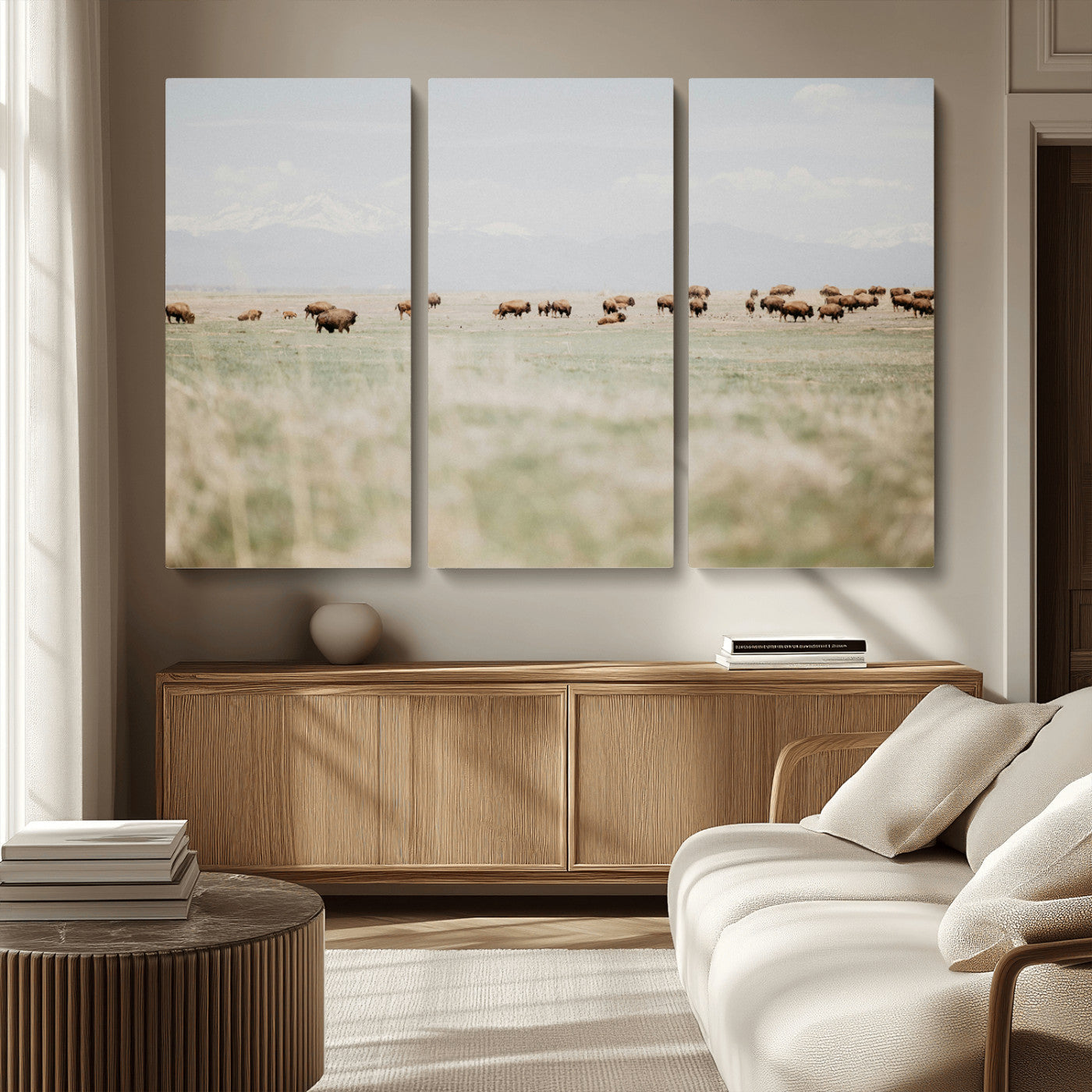 MGV-CV-48X32-3P - Bison Herd Wall Art Canvas Print, Framed Western Art Picture Print, Bison Perfect Ranch Decor Artwork