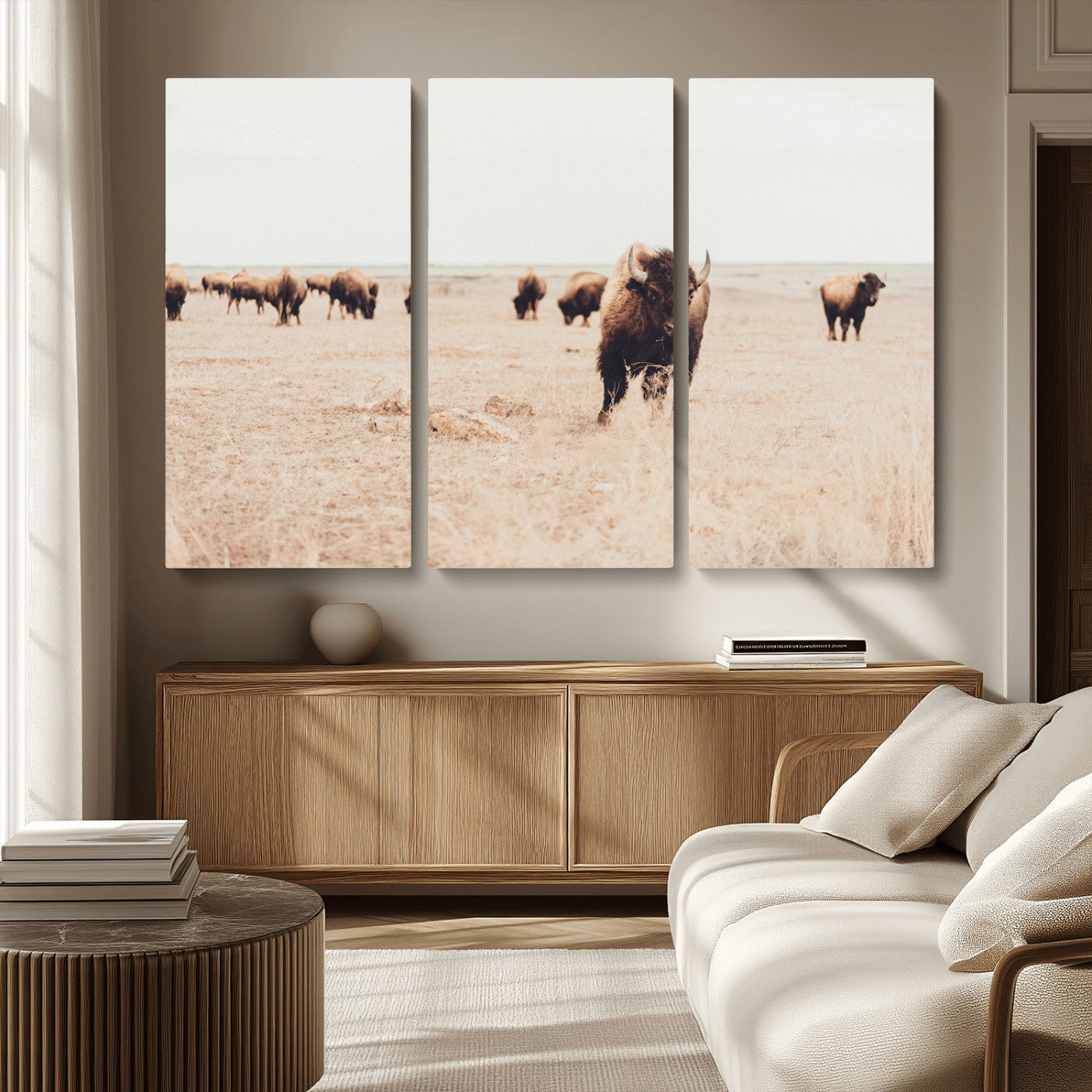 MGV-CV-48X32-3P - Bison Herd Wall Art Canvas Print, Framed Western Art Picture Print, Prairie Serenity Perfect Ranch Decor Artwork