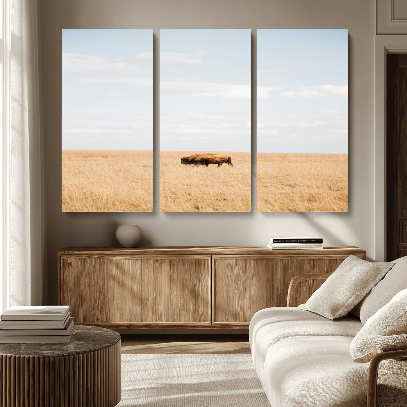 MGV-CV-48X32-3P - Minimalist Nature Wall Art Canvas Print, Framed Bison In Grassland Art Picture Print, Open Field Perfect Modern Ranch Decor Decor Artwork