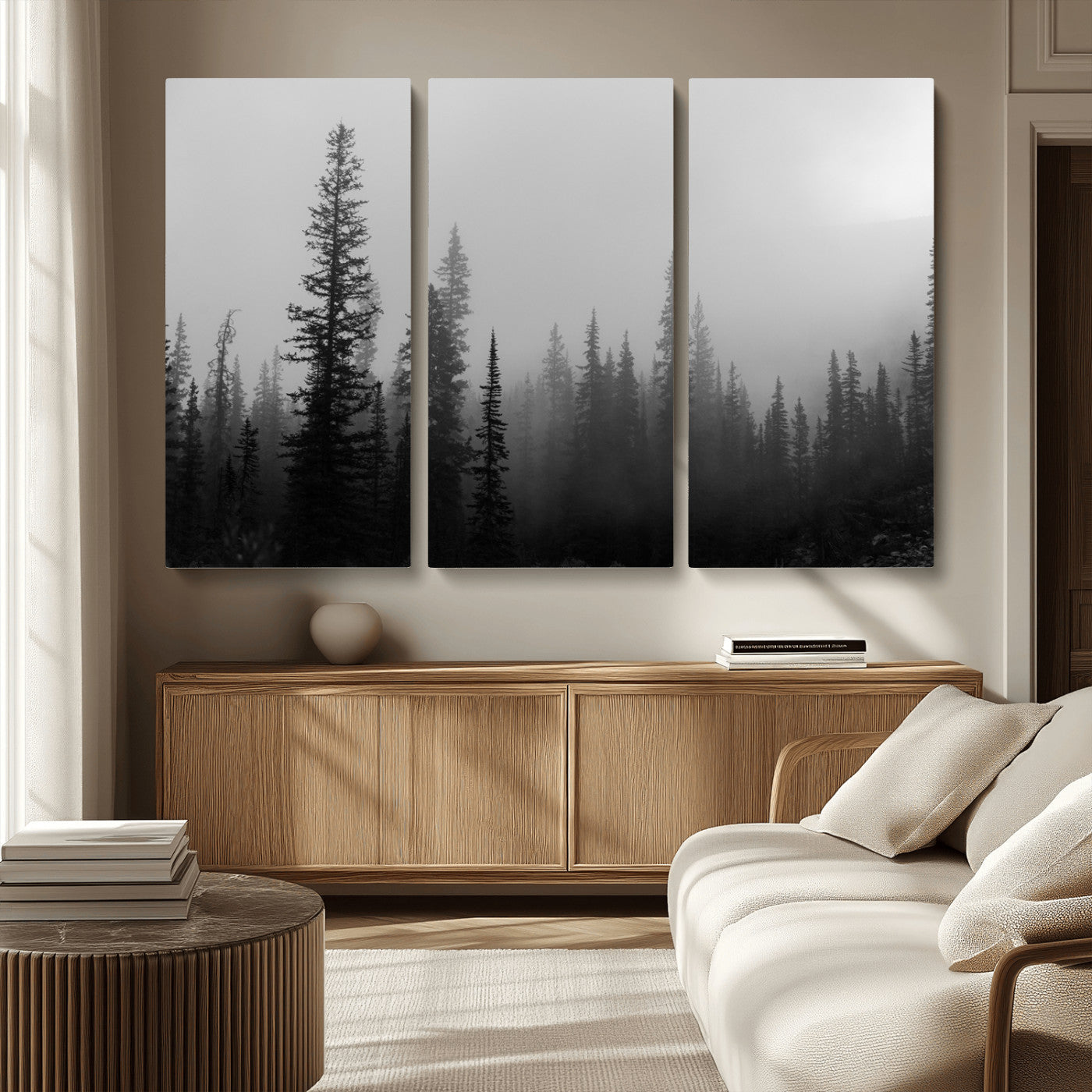 MGV-CV-48X32-3P - Misty Pines Wall Art Canvas Print, Framed Woodland Photography Art Picture Print, Minimalist Decor Perfect Rustic Decor Artwork