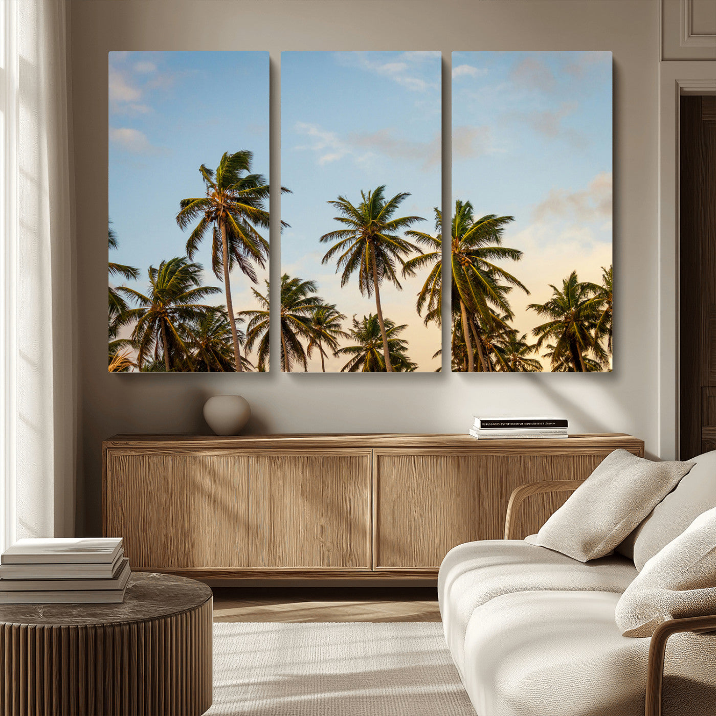 MGV-CV-48X32-3P - Palm Trees Wall Art Canvas Print, Framed Tropical Vibes Art Picture Print, Coastal Sunset Perfect Coastal Boho Decor Artwork