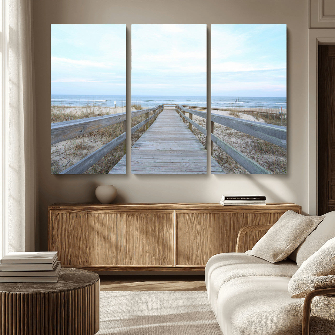 MGV-CV-48X32-3P - Beach Boardwalk Wall Art Canvas Print, Framed Coastal Serenity Art Picture Print, Ocean View Perfect Coastal Decor Artwork