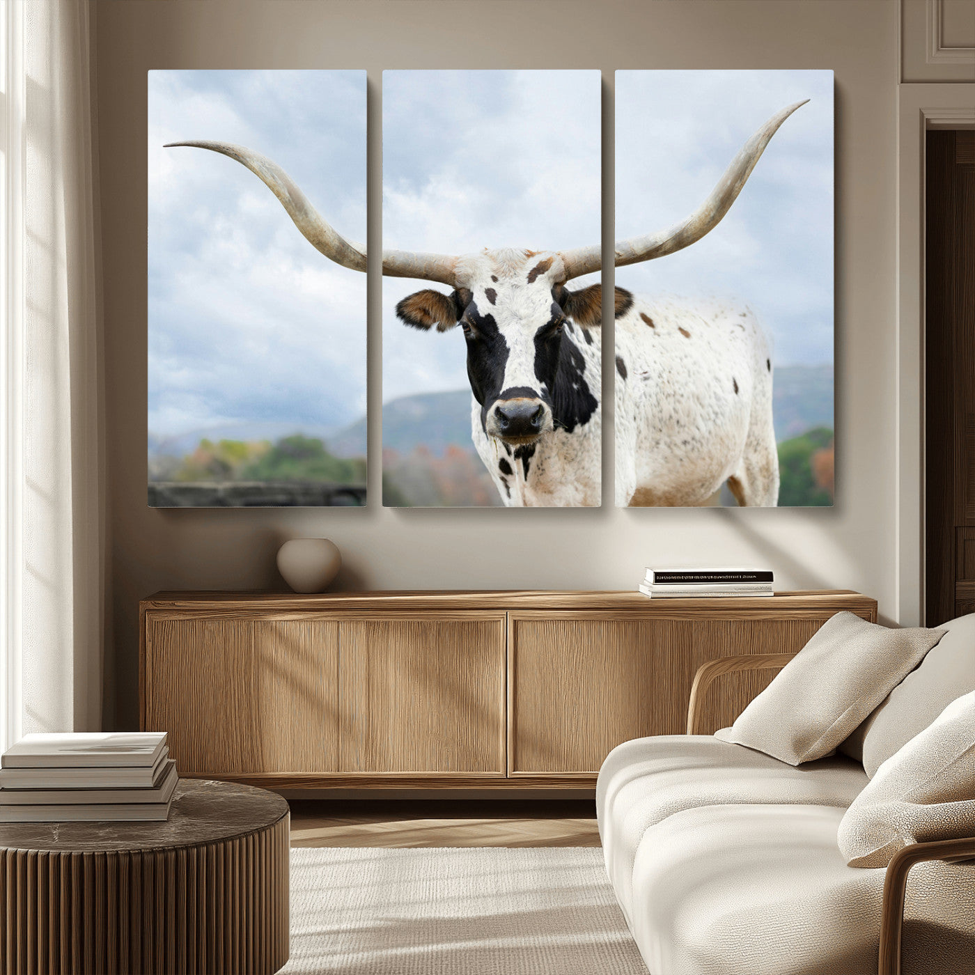MGV-CV-48X32-3P - Texas Longhorn Wall Art Canvas Print, Framed Western Rustic Art Picture Print, Farmhouse Decor Perfect Farmhouse Decor Artwork