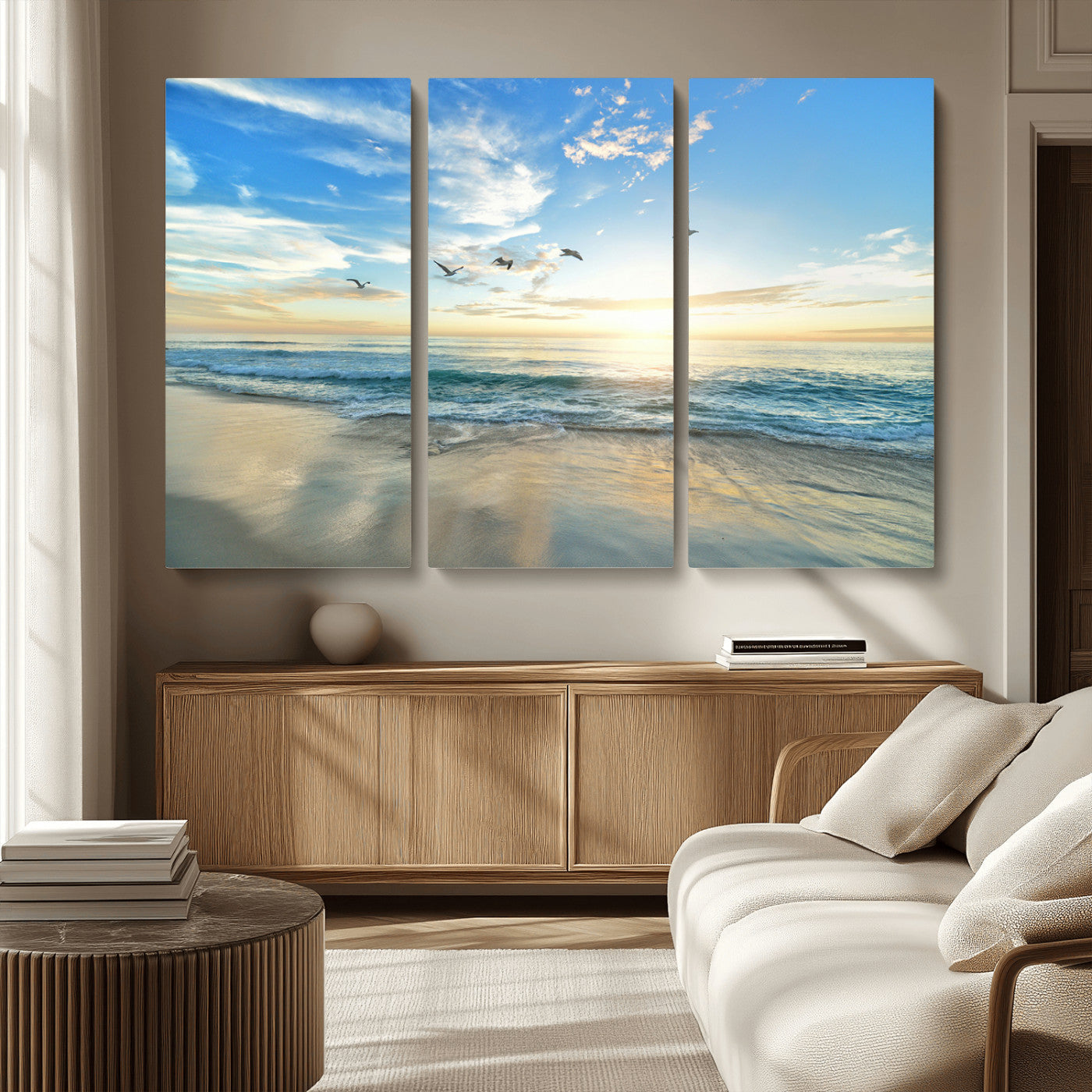 MGV-CV-48X32-3P - Minimalist Seaside Wall Art Canvas Print, Framed Morning Glow Art Picture Print, Golden Reflections Perfect Coastal Minimalist Decor Artwork
