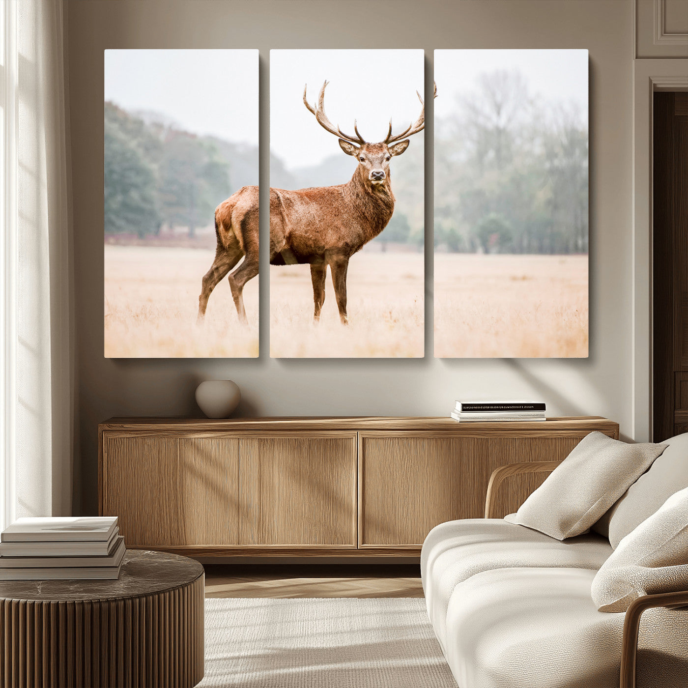 MGV-CV-48X32-3P - Vintage Wildlife Art Wall Art Canvas Print, Framed Misty Landscape Art Picture Print, Deer Wall Art Perfect Rustic Wildlife Decor Artwork