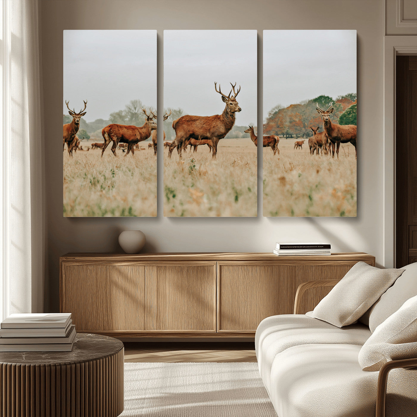 MGV-CV-48X32-3P - Rustic Deer Print Wall Art Canvas Print, Framed Autumn Nature Canvas Art Picture Print, Wildlife Art Print Perfect Rustic Wildlife Decor Artwork