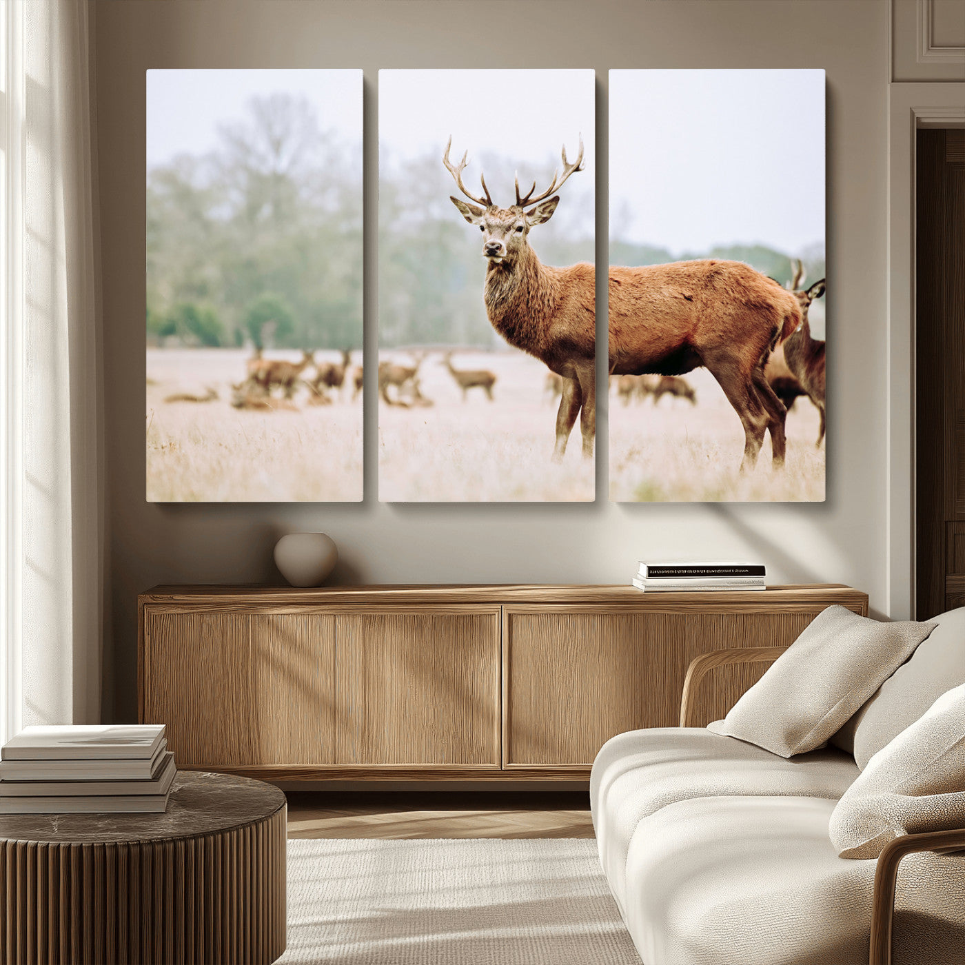MGV-CV-48X32-3P - Rustic Nature Print Wall Art Canvas Print, Framed Deer Canvas Wall Art Art Picture Print, Nordic Animal Art Perfect Rustic Nature Decor Artwork