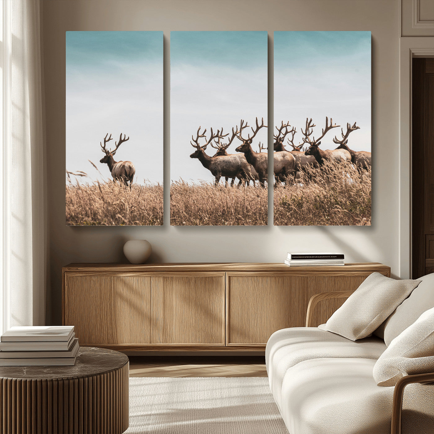 MGV-CV-48X32-3P - Elk Herd Wall Art Canvas Print, Framed Wildlife Photography Art Picture Print, Rustic Nature Print Perfect Rustic Wildlife Decor Artwork