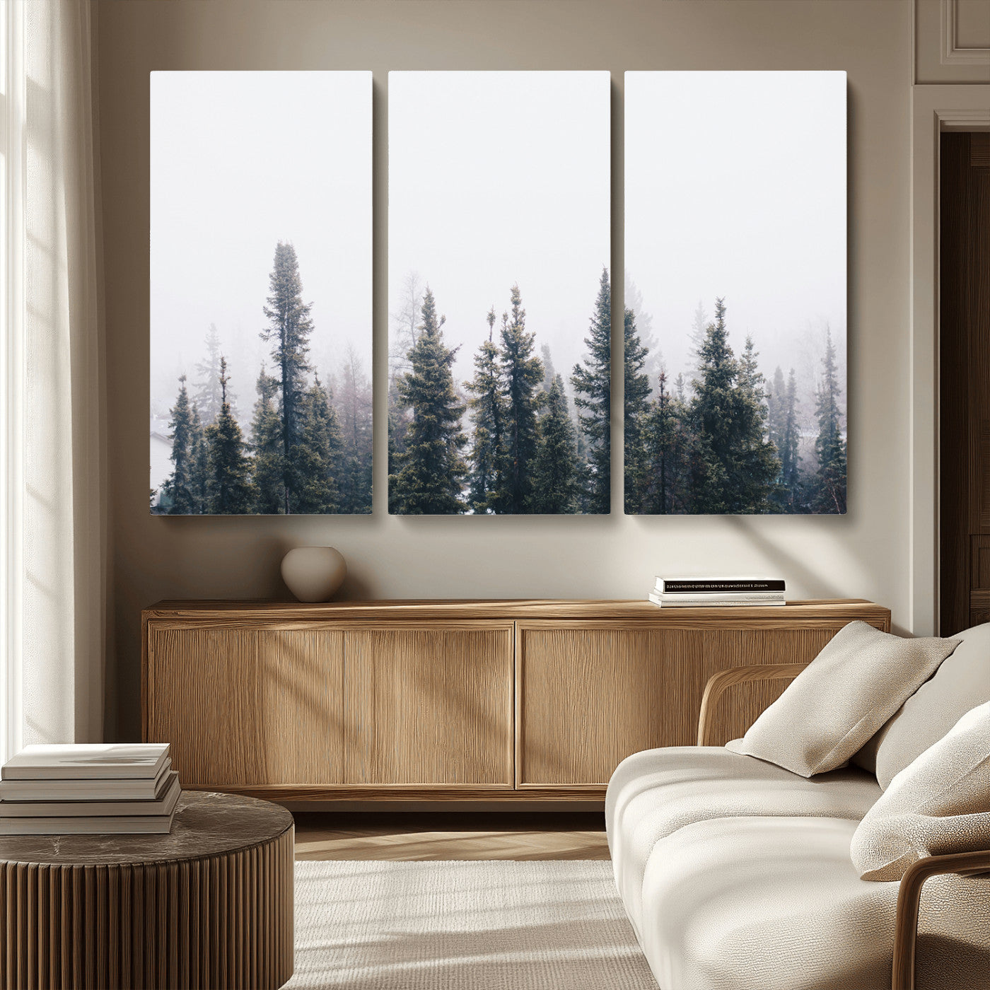 MGV-CV-48X32-3P - Foggy Forest Wall Art Canvas Print, Framed Misty Pines Art Picture Print, Moody Woodland Perfect Scandinavian Minimalist Decor Artwork