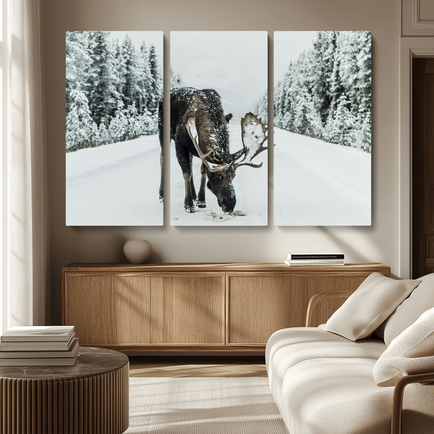 MGV-CV-48X32-3P - Moose in Snow Wall Art Canvas Print, Framed Winter Wildlife Art Picture Print, Snowy Forest Scene Perfect Rustic Lodge Decor Artwork