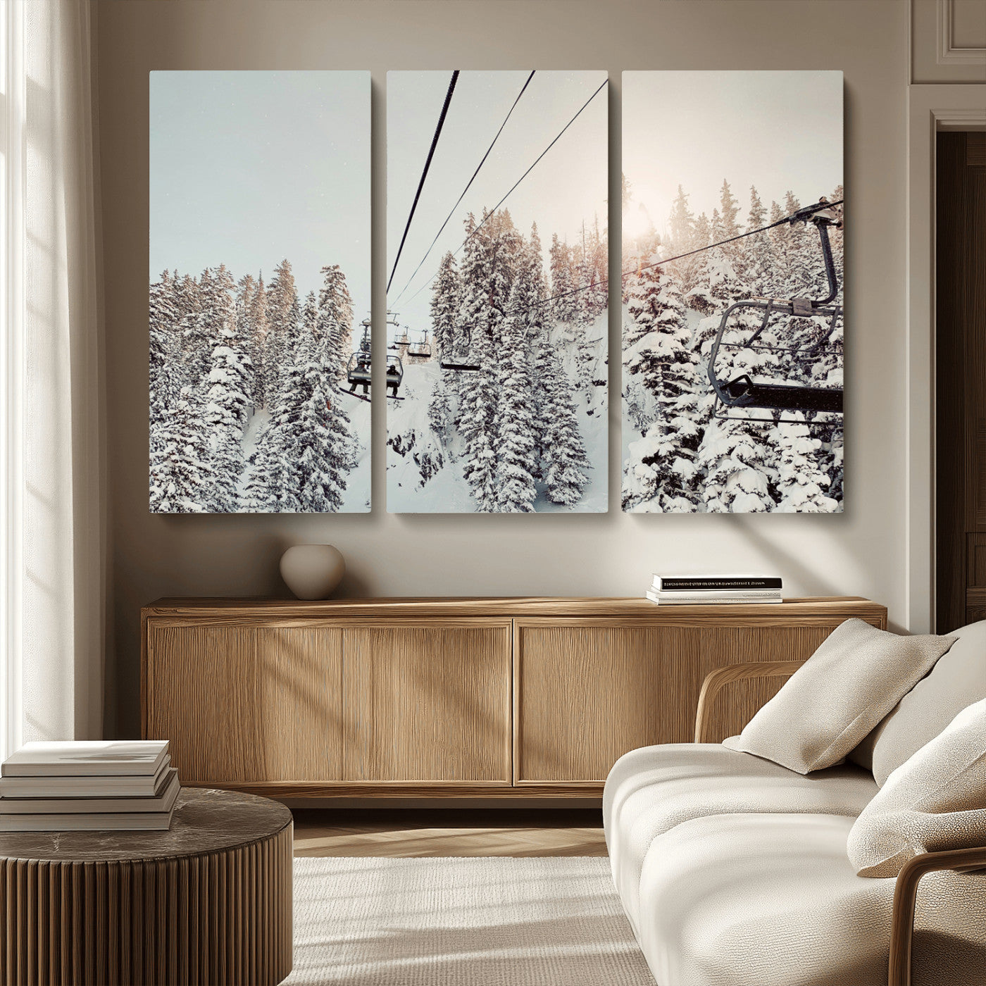 MGV-CV-48X32-3P - Frosty Pines Wall Art Canvas Print, Framed Cozy Cabin View Art Picture Print, Ski Lift Ride Perfect Rustic Lodge Decor Artwork