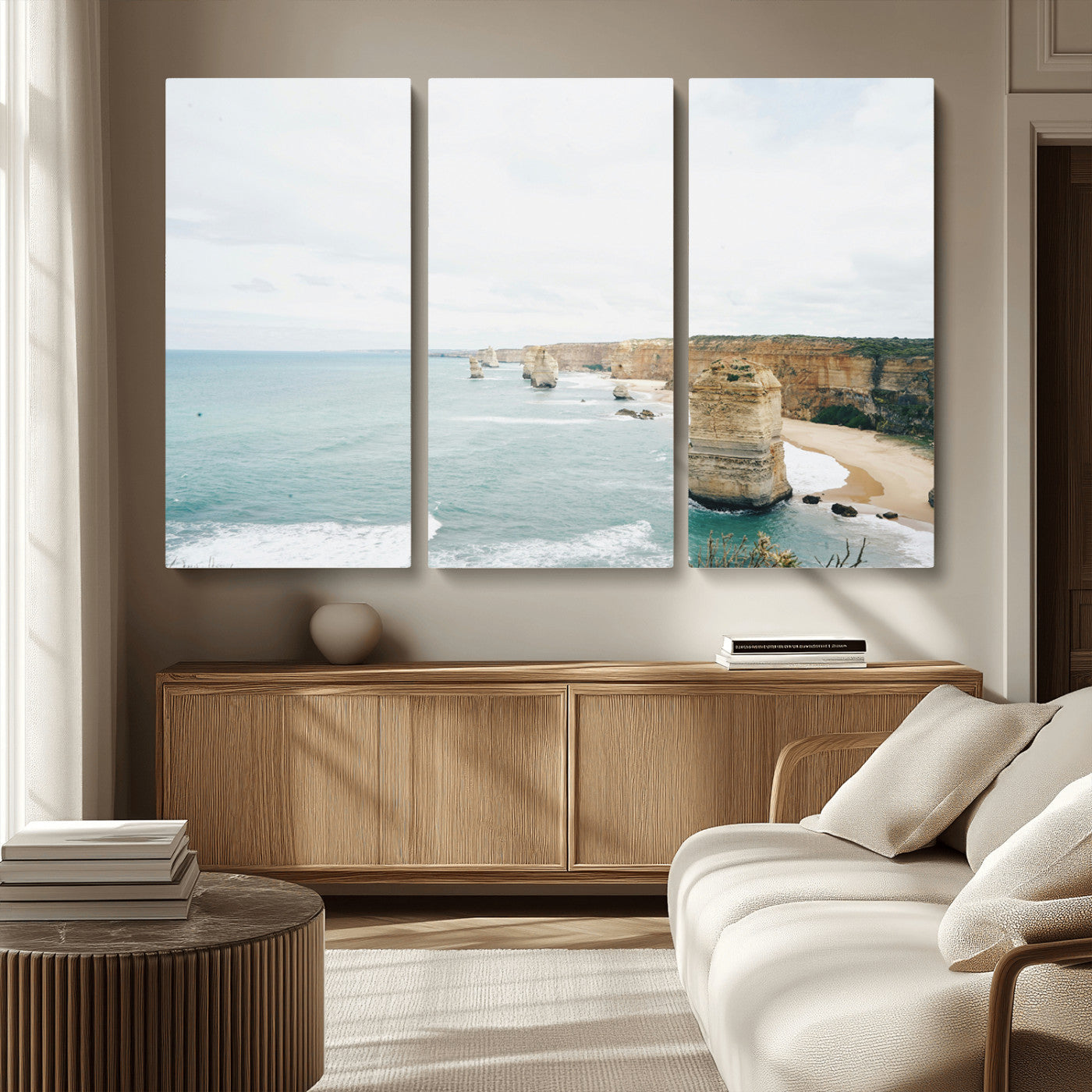 MGV-CV-48X32-3P - Twelve Apostles Wall Art Canvas Print, Framed Coastal Cliffs Art Picture Print, Rugged Rock Formations Perfect Minimalist Coastal Decor Artwork