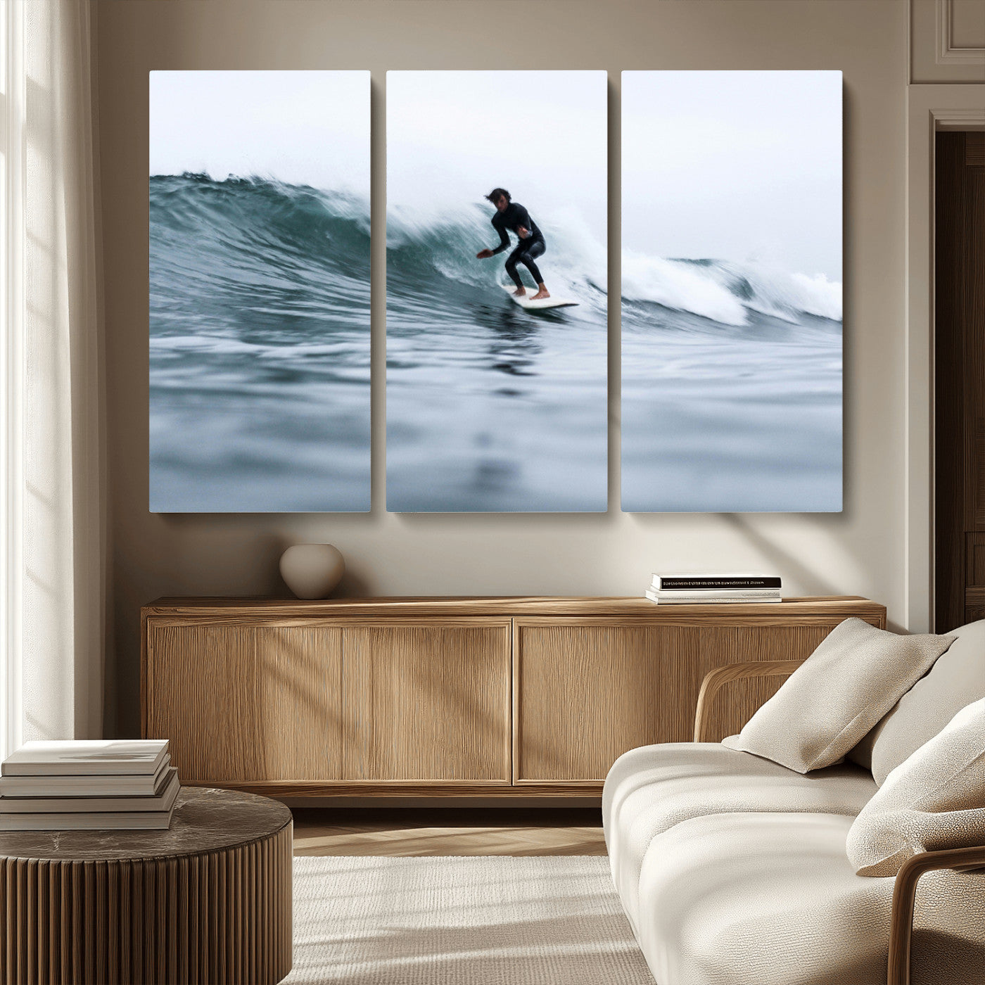 MGV-CV-48X32-3P - Surfer on Wave Wall Art Canvas Print, Framed Ocean Adventure Art Picture Print, Motion Blur Water Perfect Coastal Adventure Decor Artwork