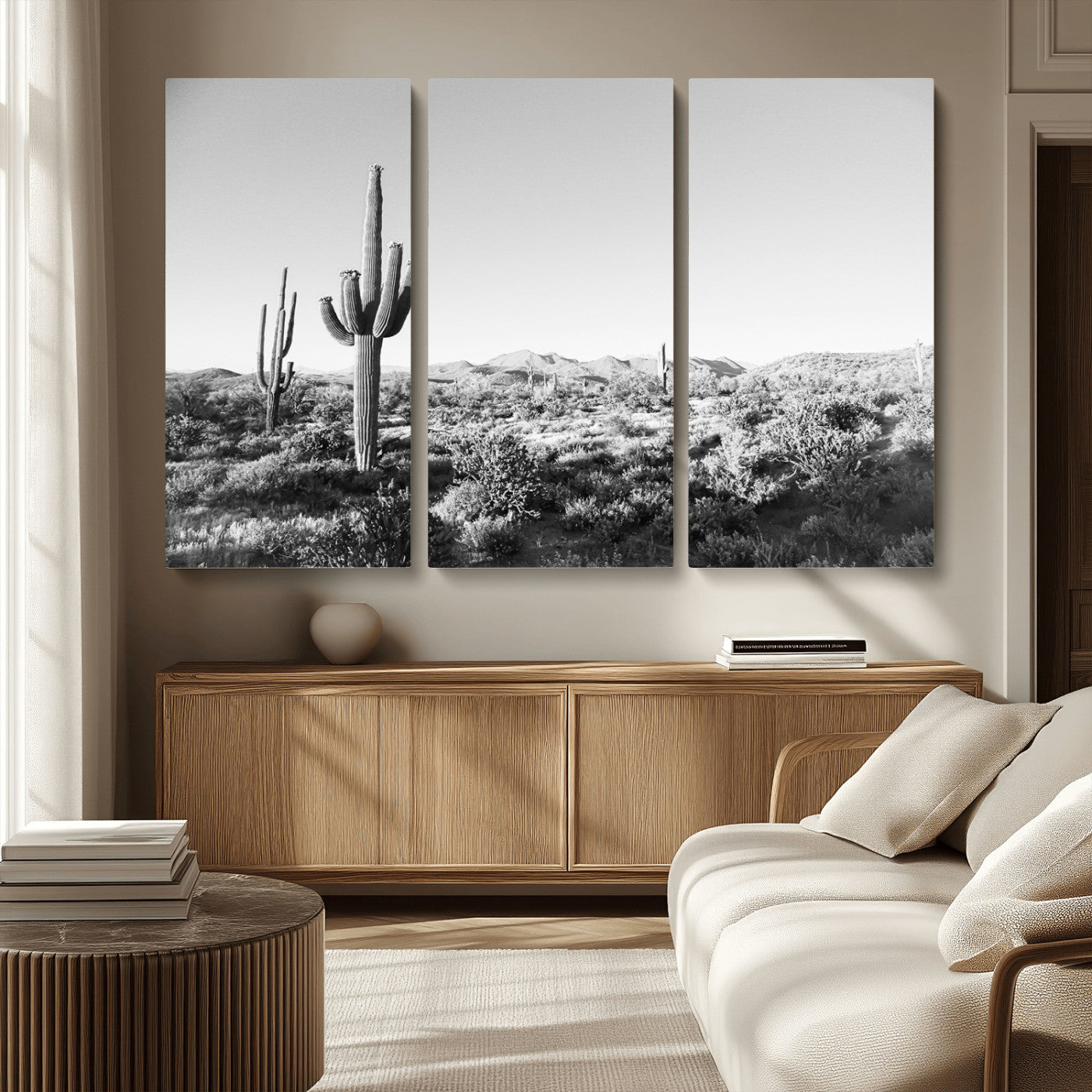 MGV-CV-48X32-3P - Saguaro Cactus Wall Art Canvas Print, Framed Monochrome Landscape Art Picture Print, Scenic Arizona View Perfect Minimalist Western Decor Artwork