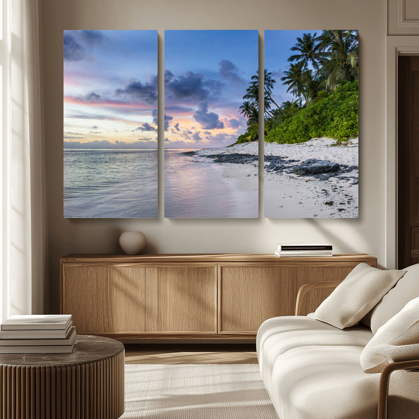 MGV-CV-48X32-3P - Tropical Beach Wall Art Canvas Print, Framed Sunset Glow Art Picture Print, Palm Tree Coast Perfect Tropical Coastal Decor Artwork