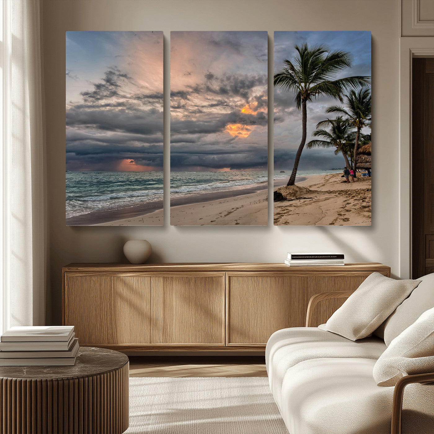 MGV-CV-48X32-3P - Tropical Storm Wall Art Canvas Print, Framed Moody Beach Art Picture Print, Dramatic Sky Perfect Tropical Coastal Decor Artwork
