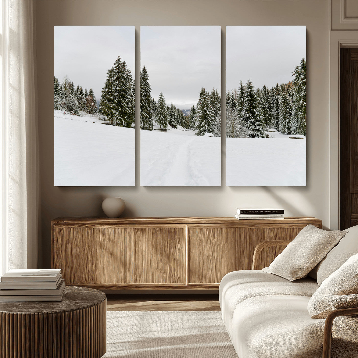 MGV-CV-48X32-3P - Frosty Pines Wall Art Canvas Print, Framed Silent Snowfall Art Picture Print, Cozy Cabin Vibes Perfect Nordic Minimalist Decor Artwork