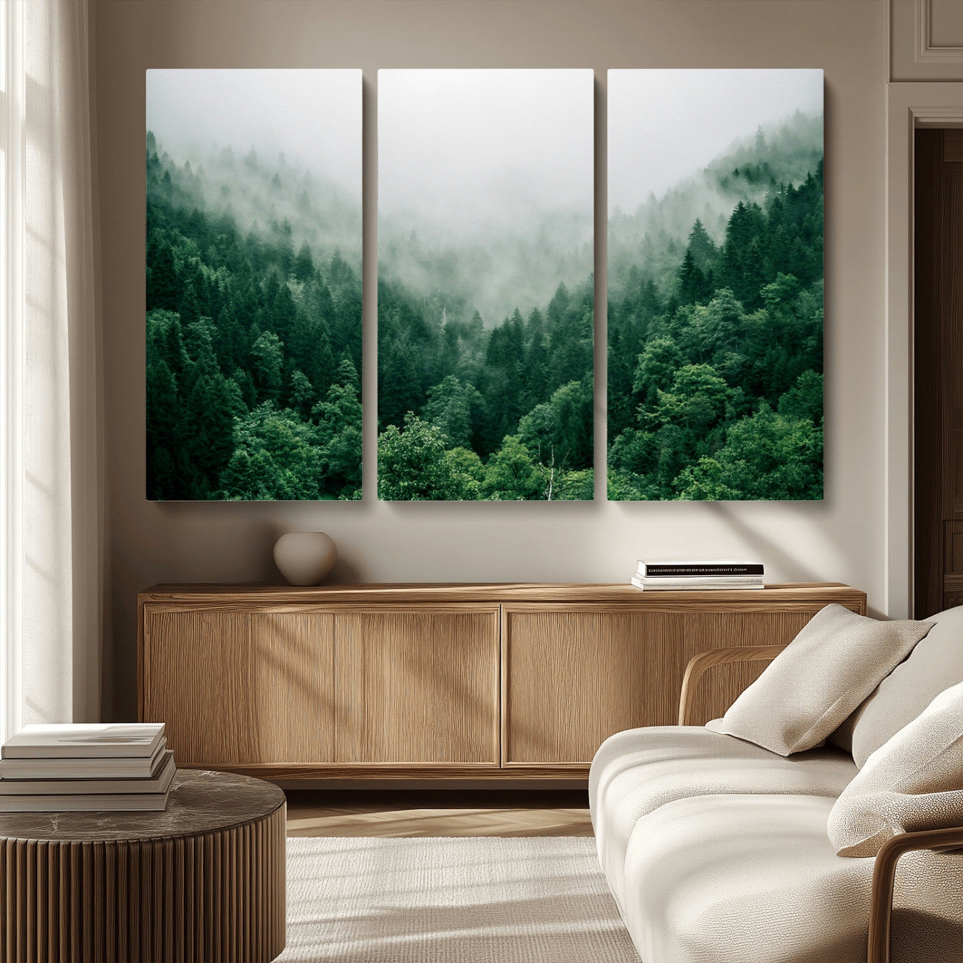 MGV-CV-48X32-3P - Misty Green Forest Canvas Print – Serene Foggy Pine Landscape Wall Art, Tranquil Nature Decor for