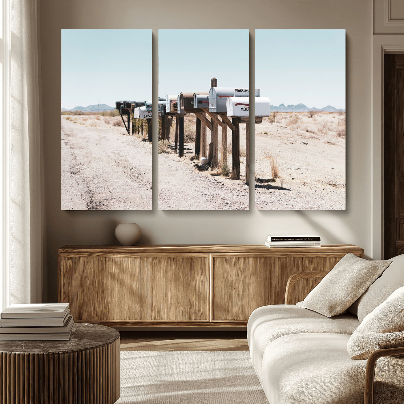 MGV-CV-48X32-3P - Desert Mailboxes Canvas Print – Minimal Western Landscape Photography, Rustic Americana Wall Art for