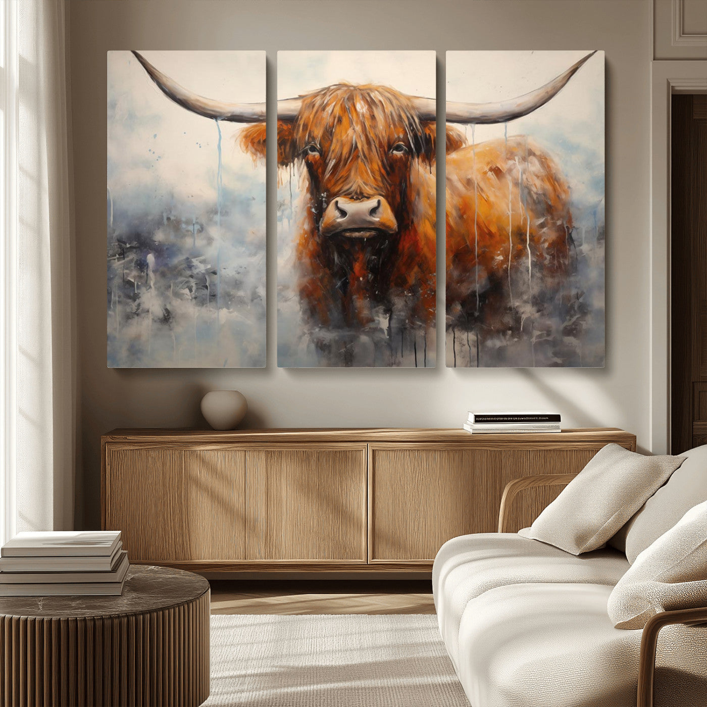 MGV-CV-48X32-3P - Scottish Highland Wall Art Canvas Print, Framed Longhorn Art Picture Print, Western Cow Perfect Farmhouse Decor Artwork
