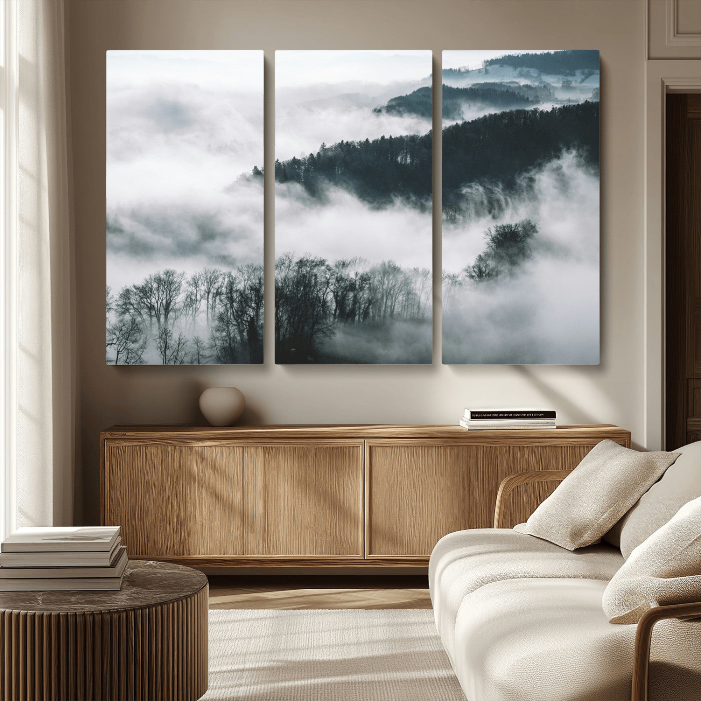 67569654-MGV-CV-36X24-Foggy Forest Landscape Wall Art Canvas Print – Misty Mountain Valley Scene in Monochrome Tones, Perfect for Minimalist or Nordic Home Decor